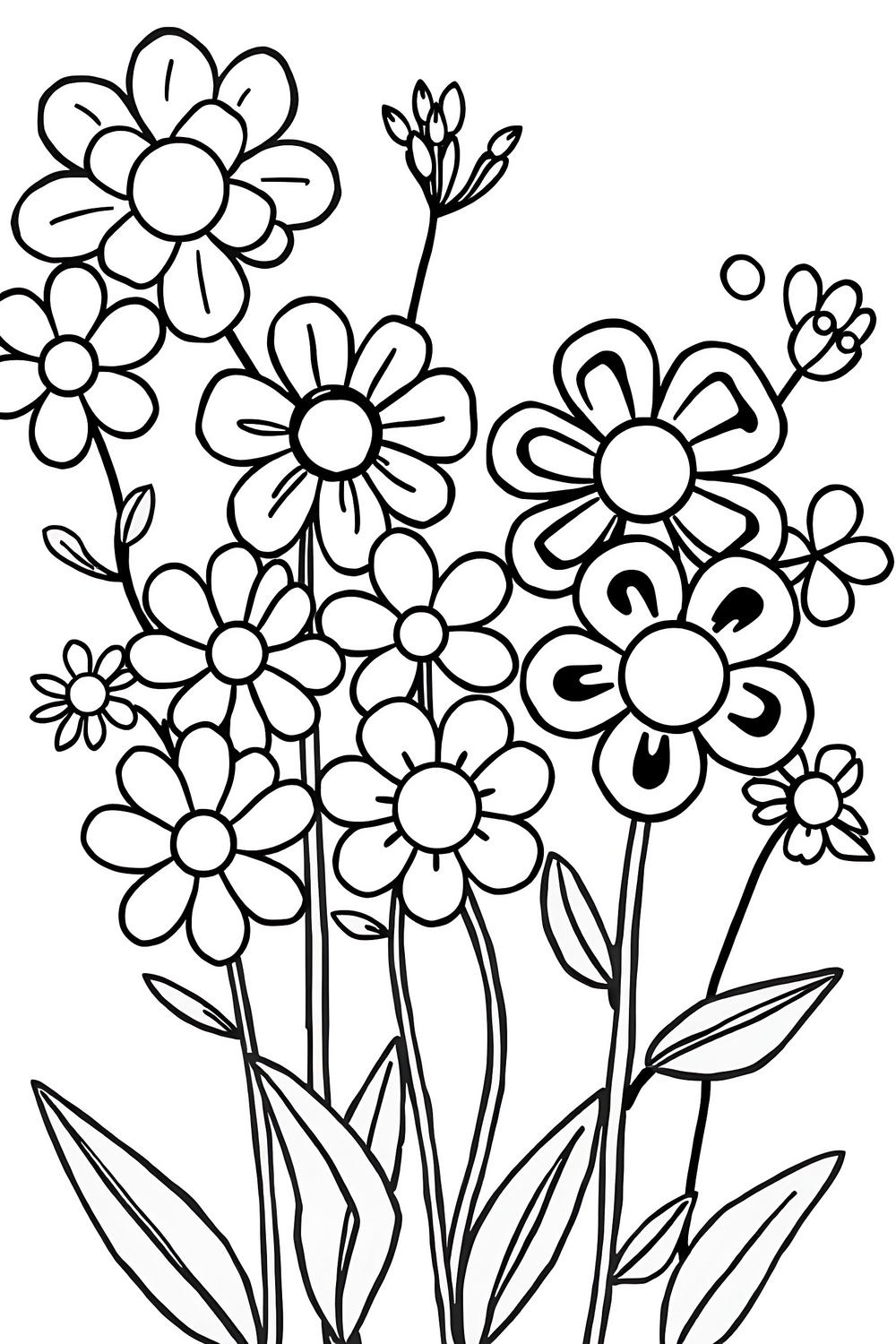 Charming floral coloring page featuring whimsical flowers and clear outlines for easy coloring.