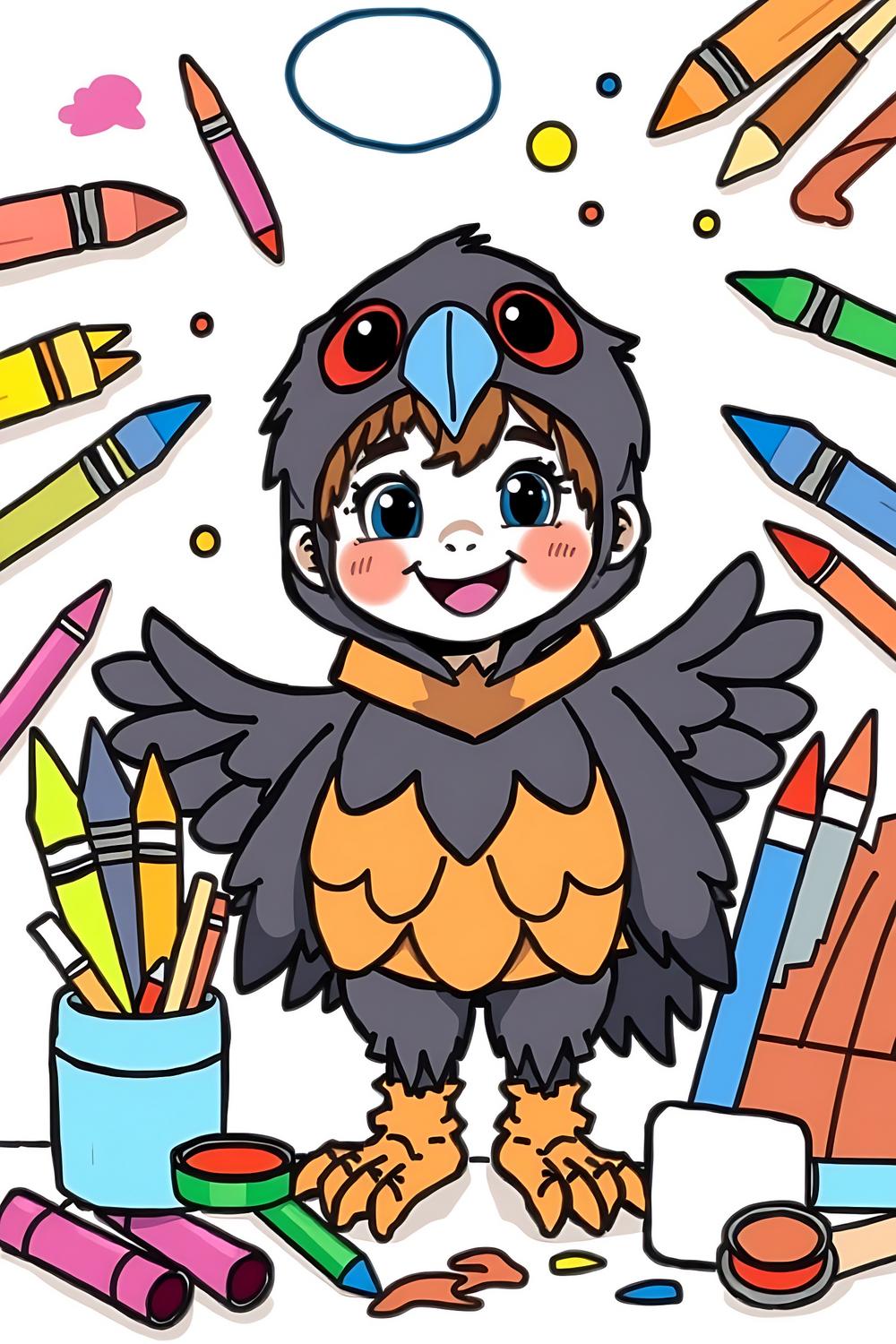 Cute boy dressed as a raven, ready for coloring fun.