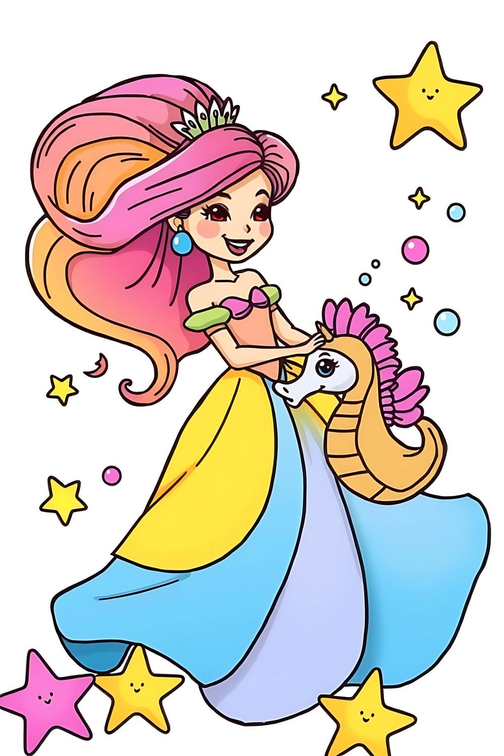 Charming Princess and Seahorse Coloring illustration for kids
