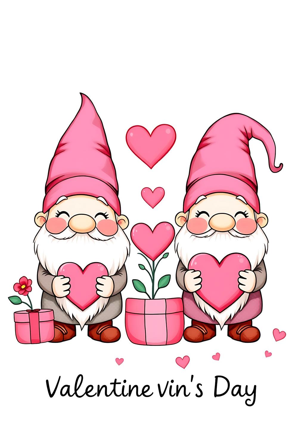 Cute hand-drawn gnomes holding hearts and flowers for Valentine's Day coloring pages.