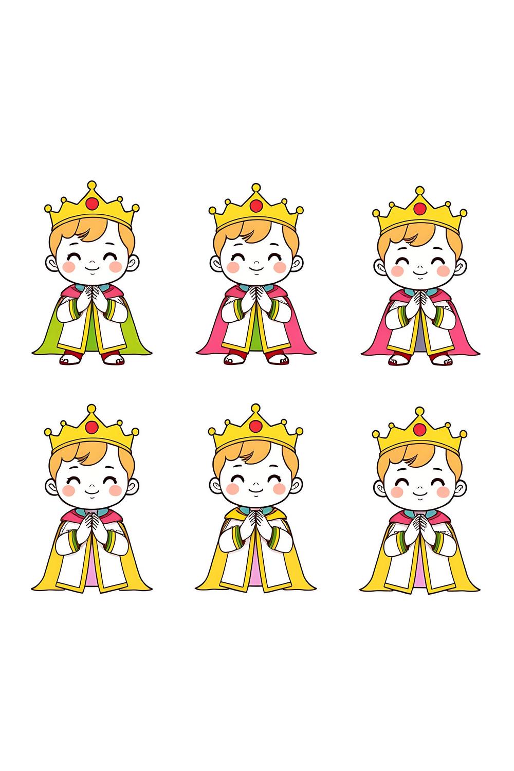 Cute young prince in joyful praying poses, coloring pages collection.