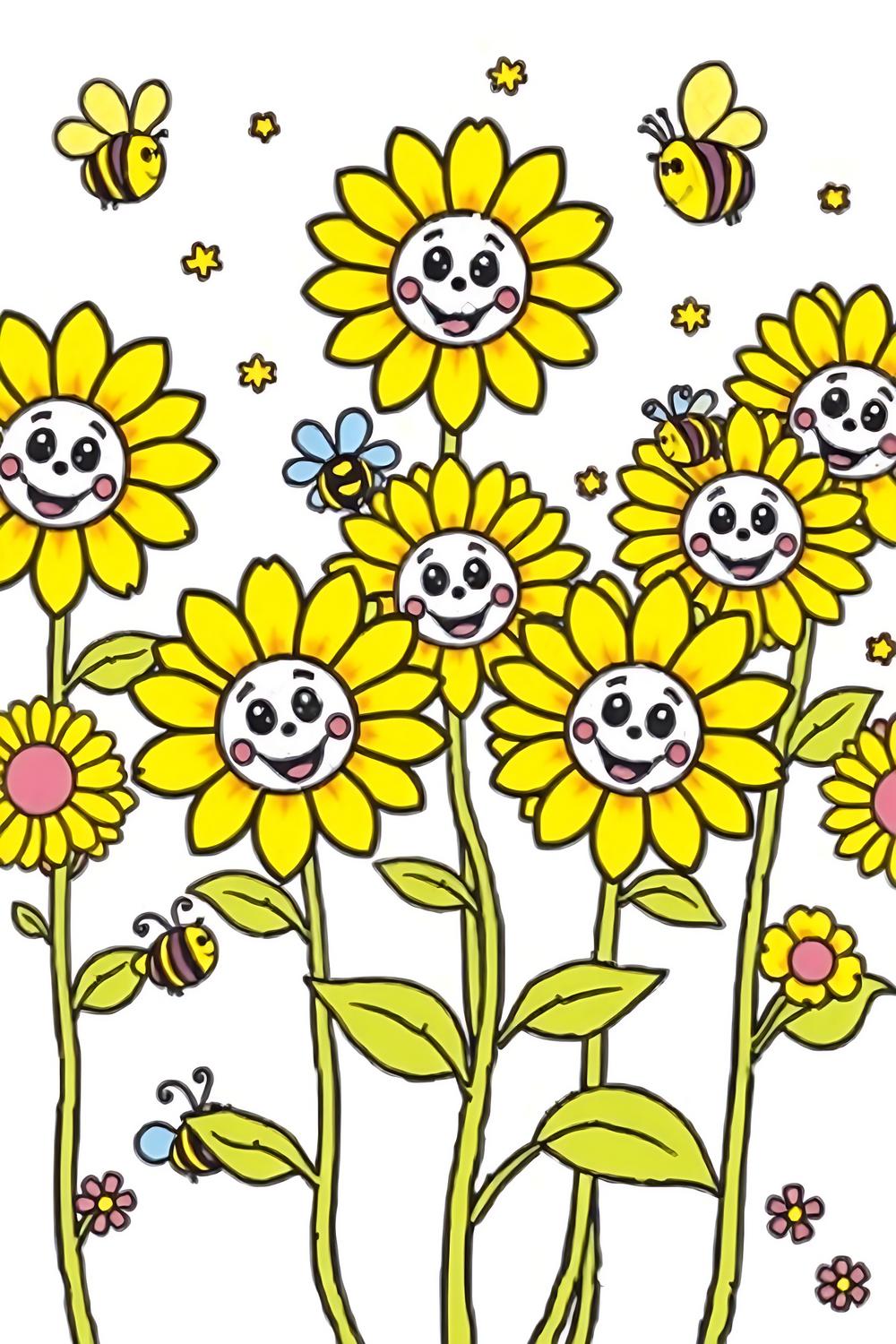 Cheerful sunflowers kids coloring book cover with smiling faces and playful bees.