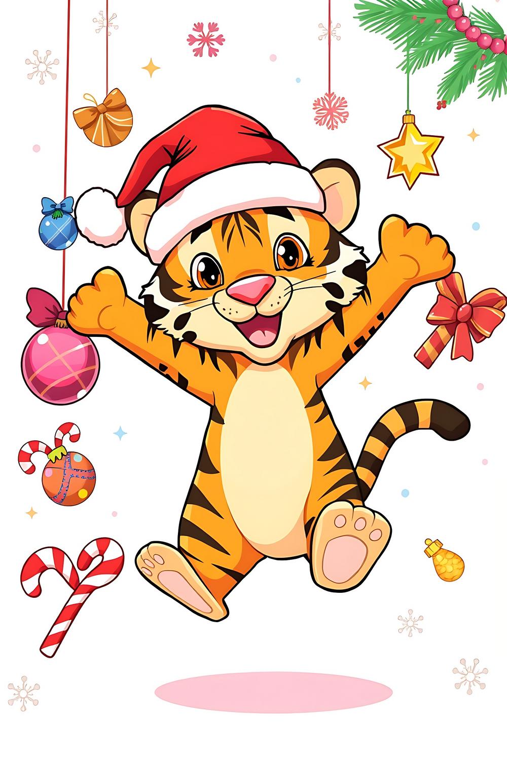 Colorful cartoon-style illustration of a jumping tiger in festive Christmas decor.