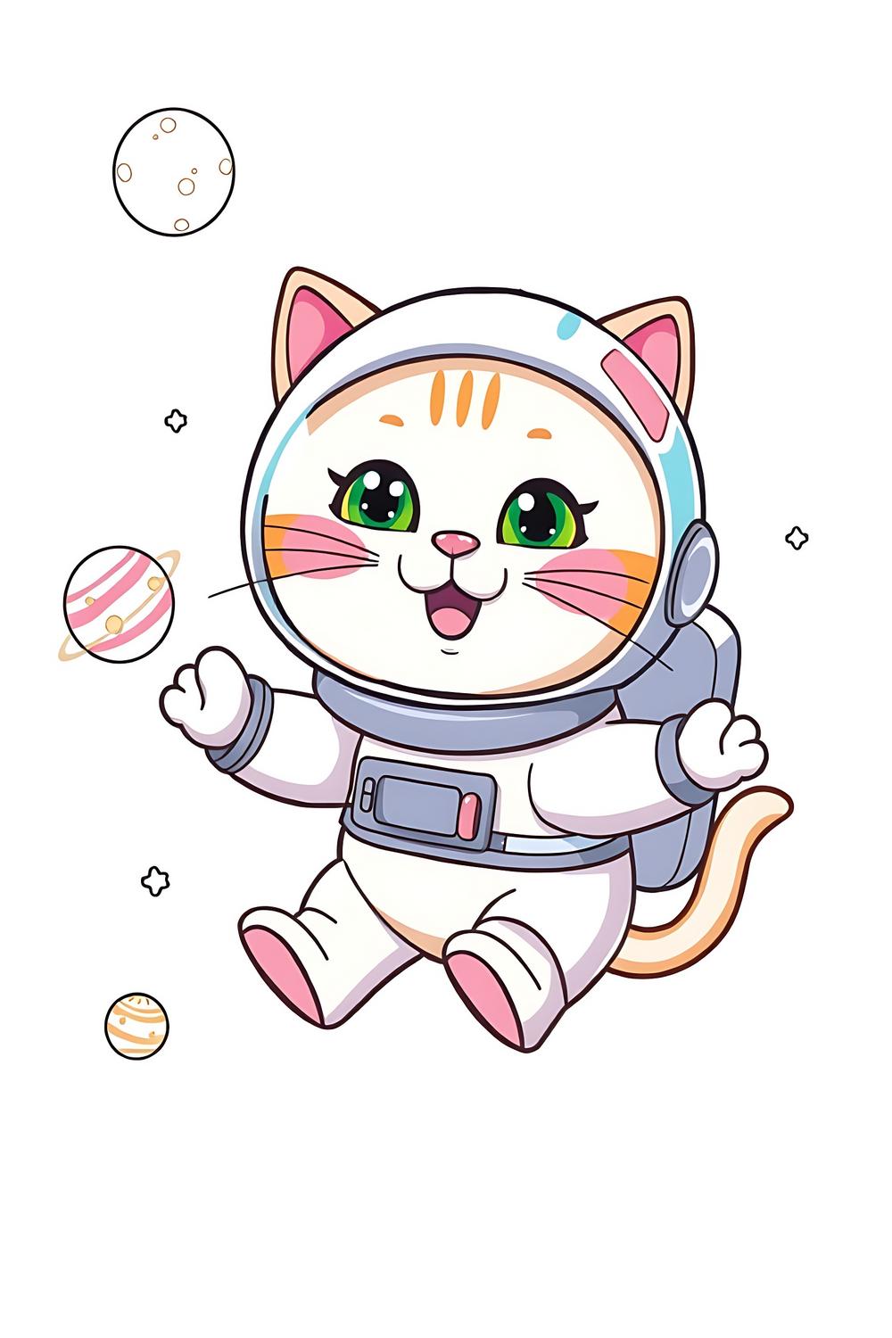 Cute cartoon cat in astronaut suit floating in space, vibrant and playful design.