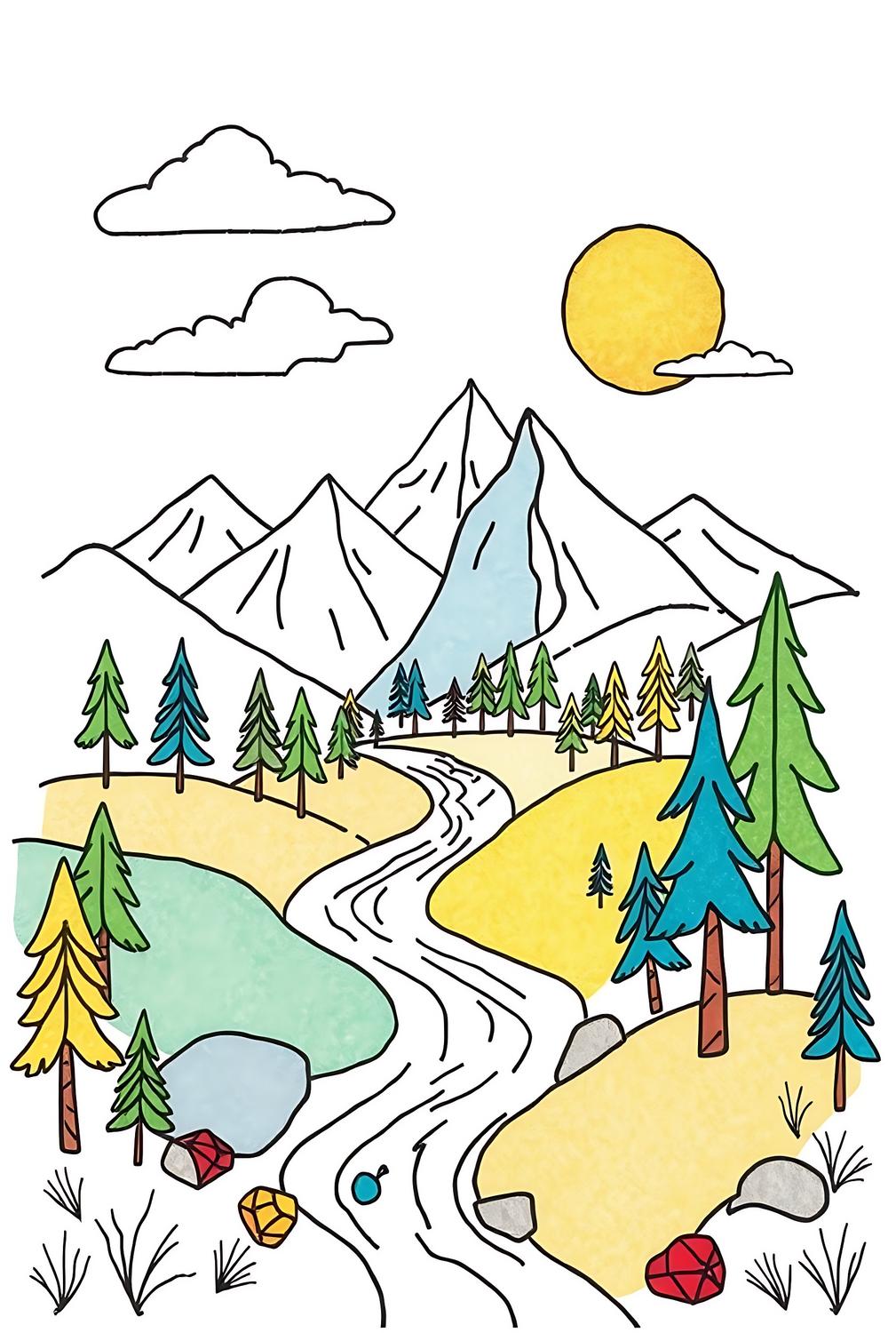 Colorful abstract landscapes to color for relaxation, featuring whimsical designs.