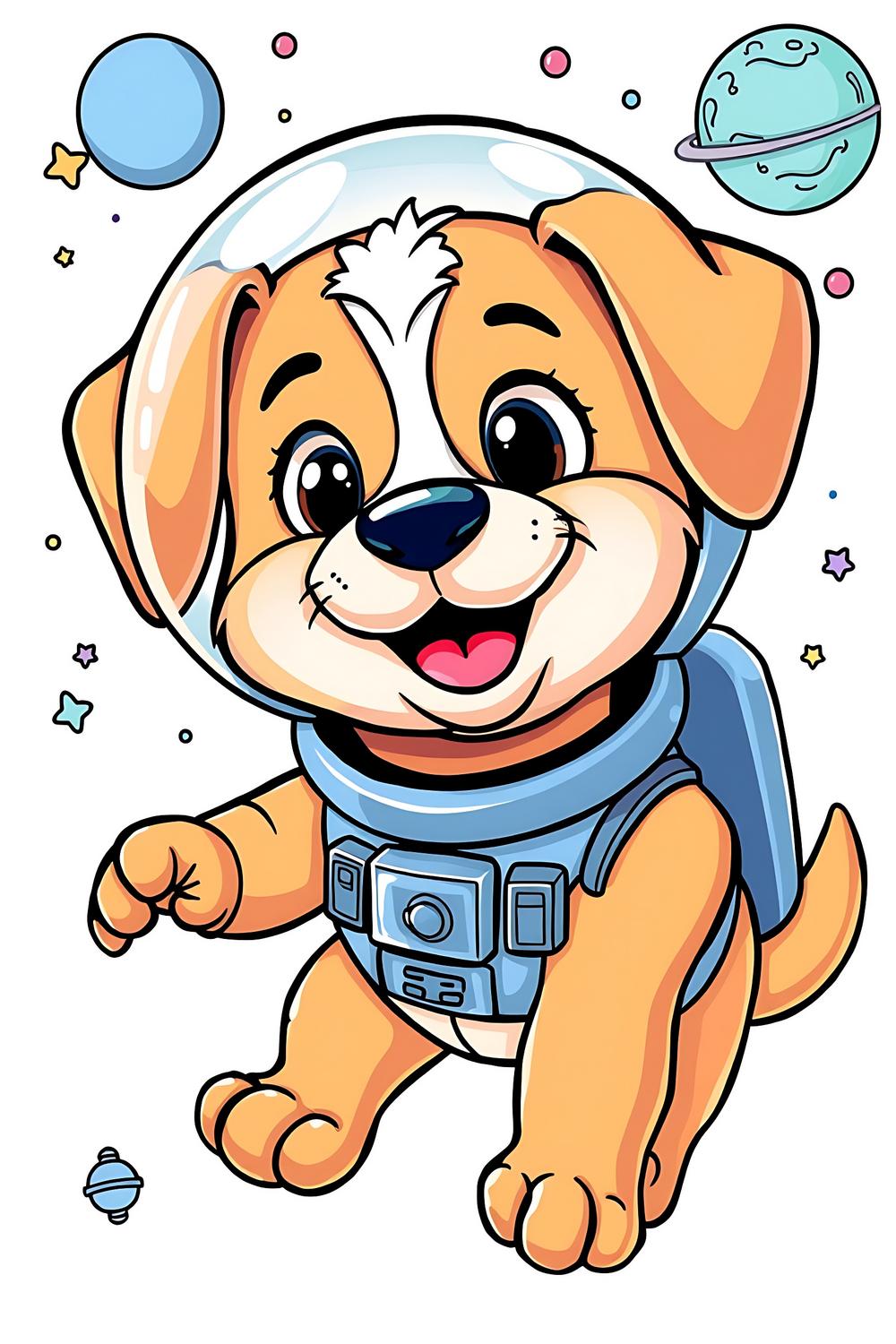 Colorful cartoon dog astronaut floating in space with stars