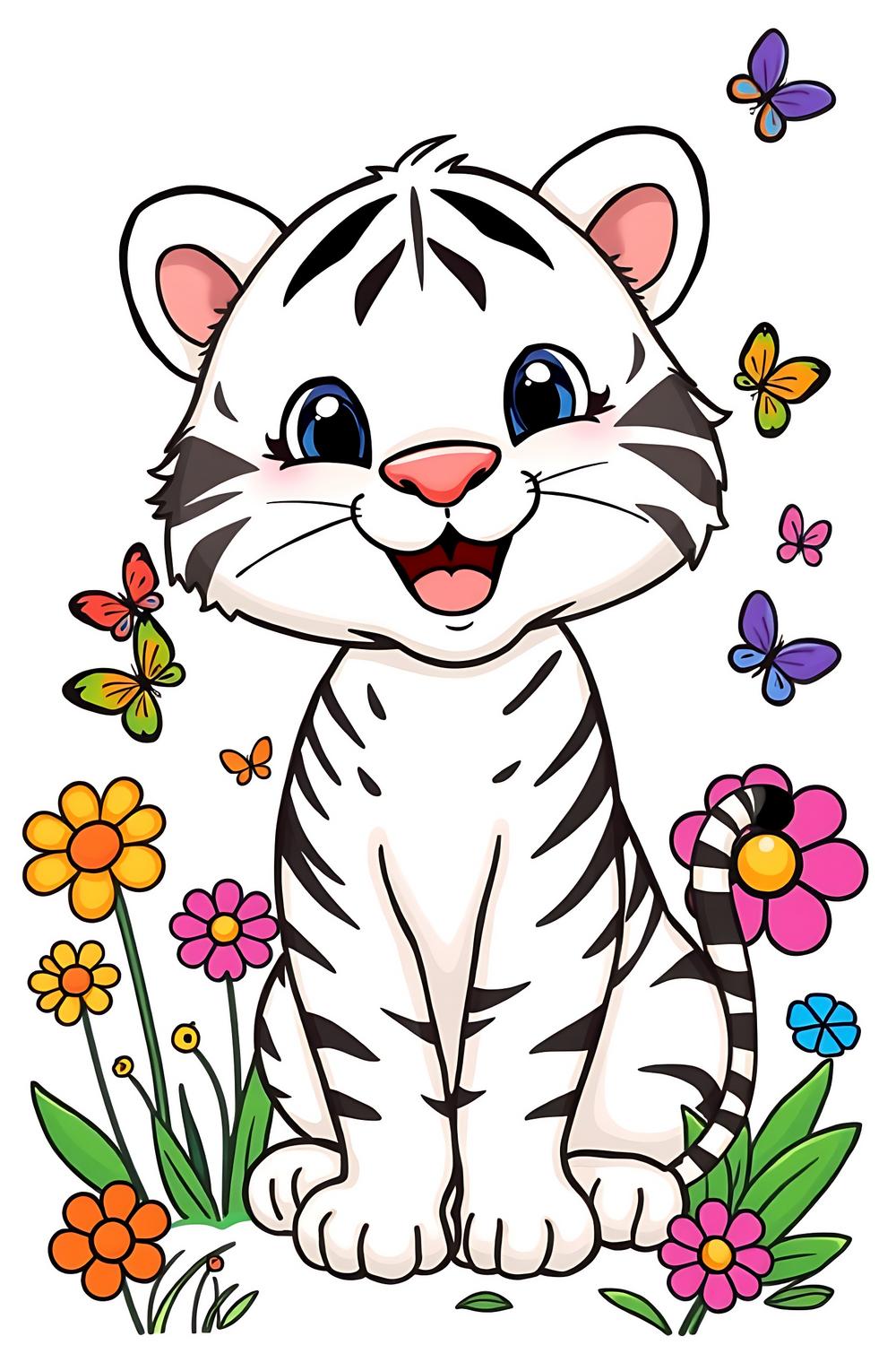 Colorful cute happy white tiger coloring pages for kids