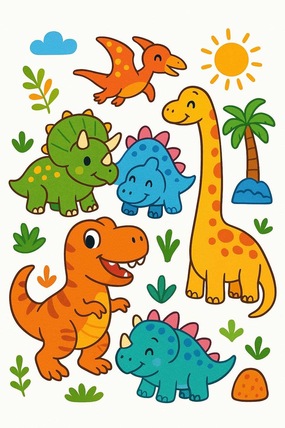 A vibrant illustration of cute dinosaurs perfect for coloring, featuring a T-Rex and Brachiosaurus.
