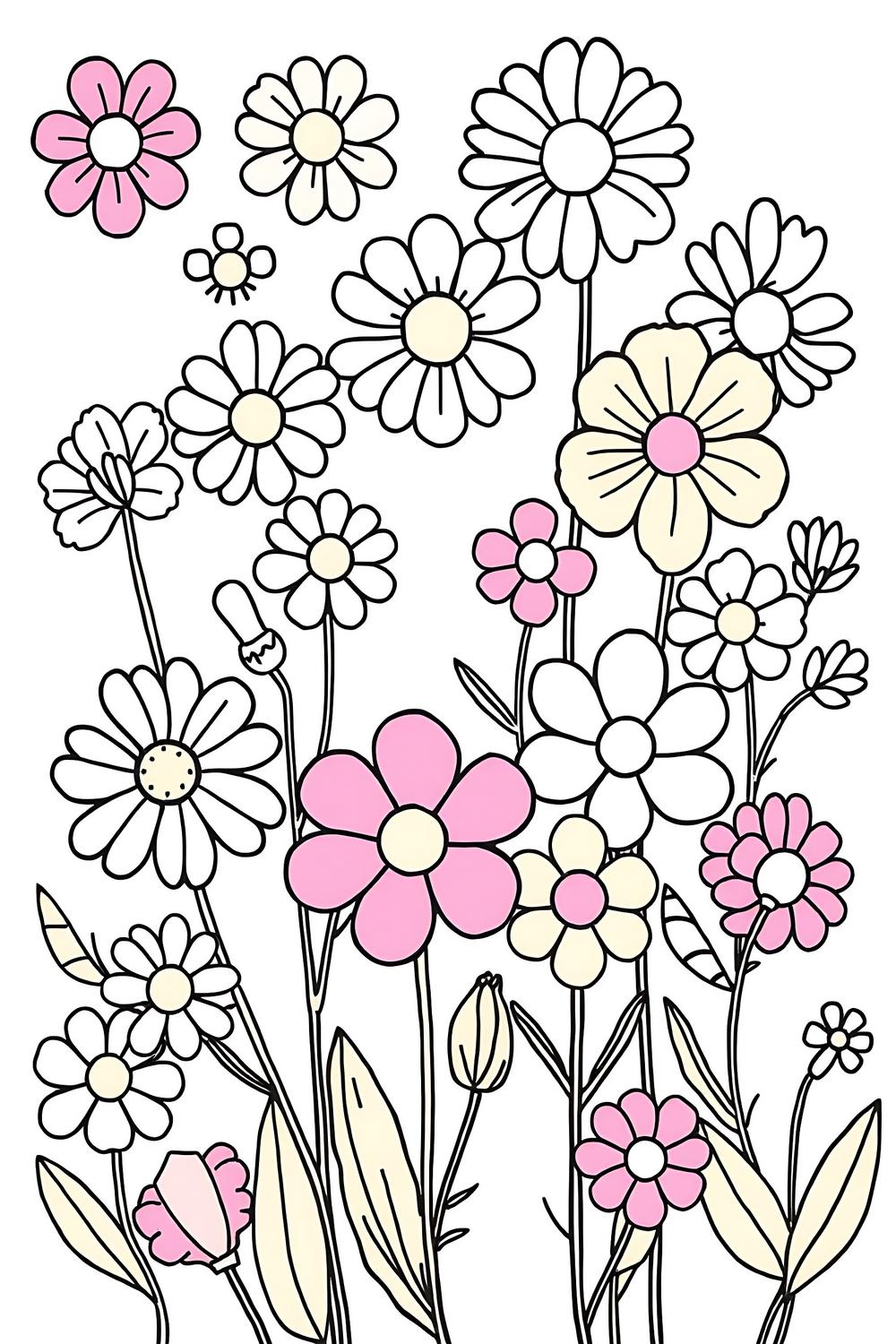 Colorful cartoon-style floral coloring page for adults and kids