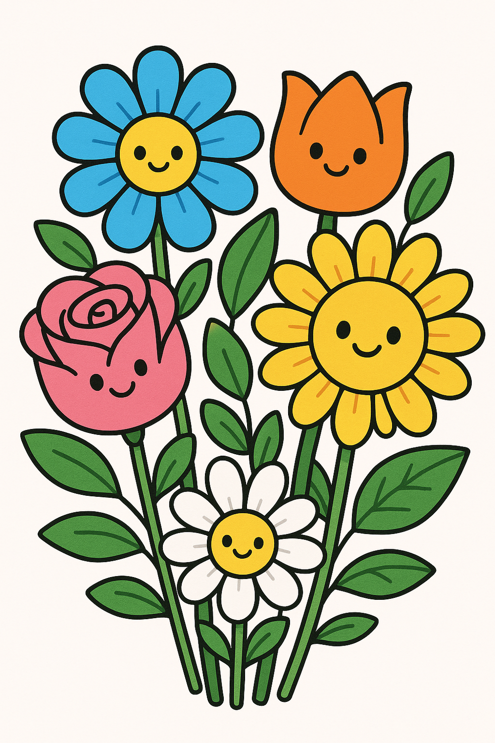 Floral coloring pages with colorful flowers like roses and daisies, perfect for kids.