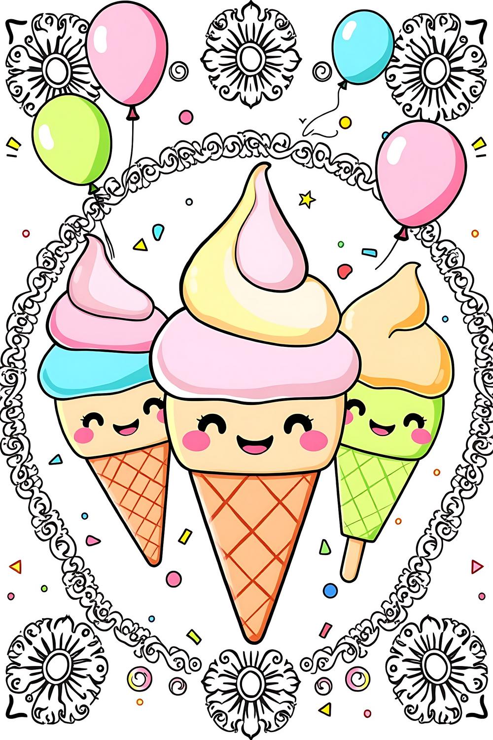 A colorful ice cream coloring page with cheerful ice cream cones and popsicles.