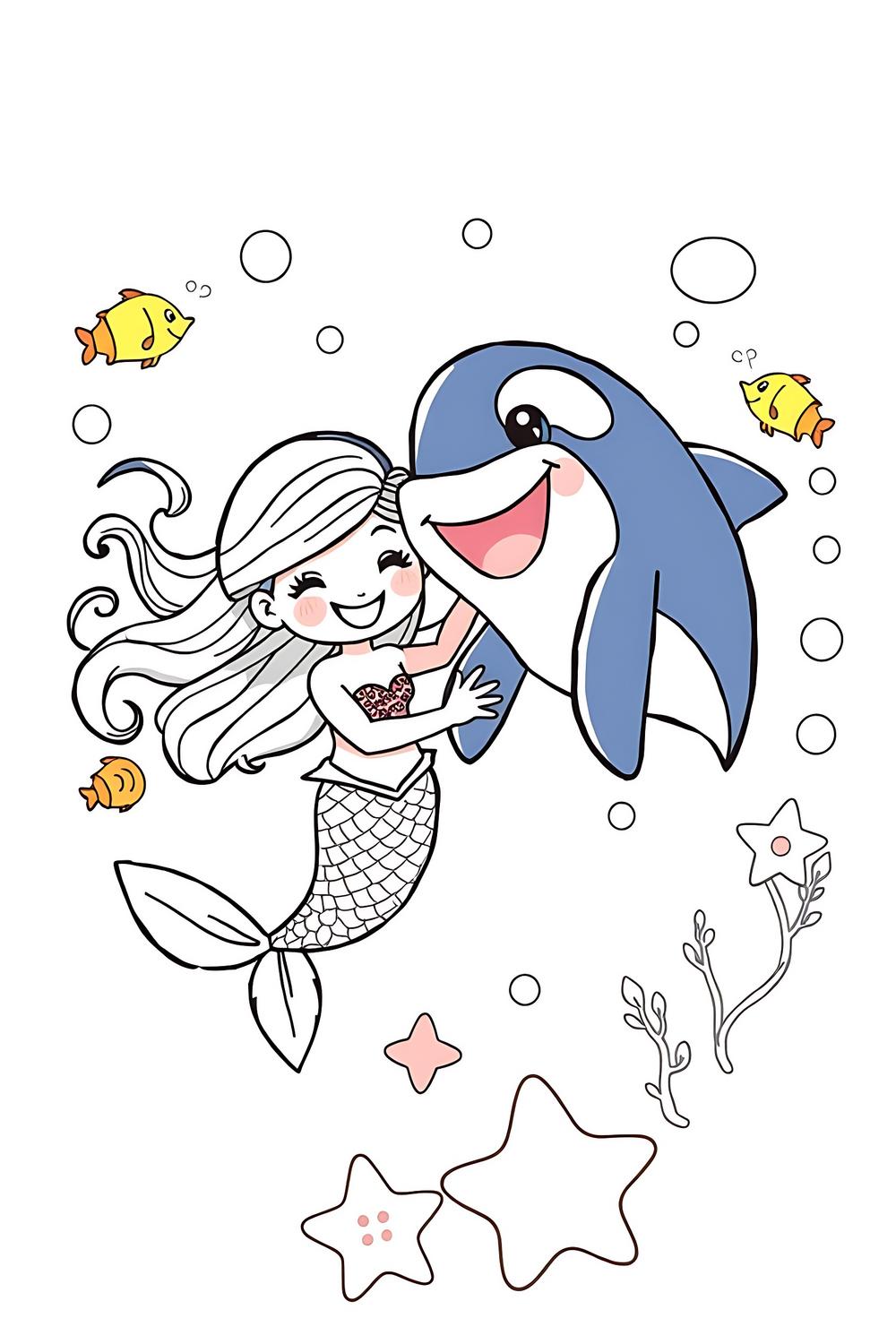 Colorful mermaid and orca coloring pages for kids featuring vibrant underwater scenes.