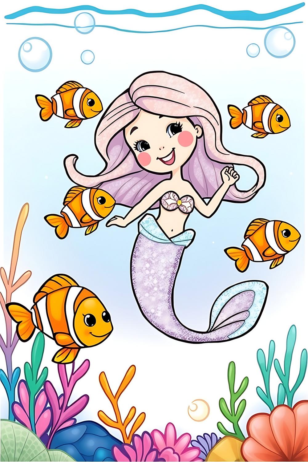 Colorful Mermaid and Clown Fish Coloring Pages for Kids