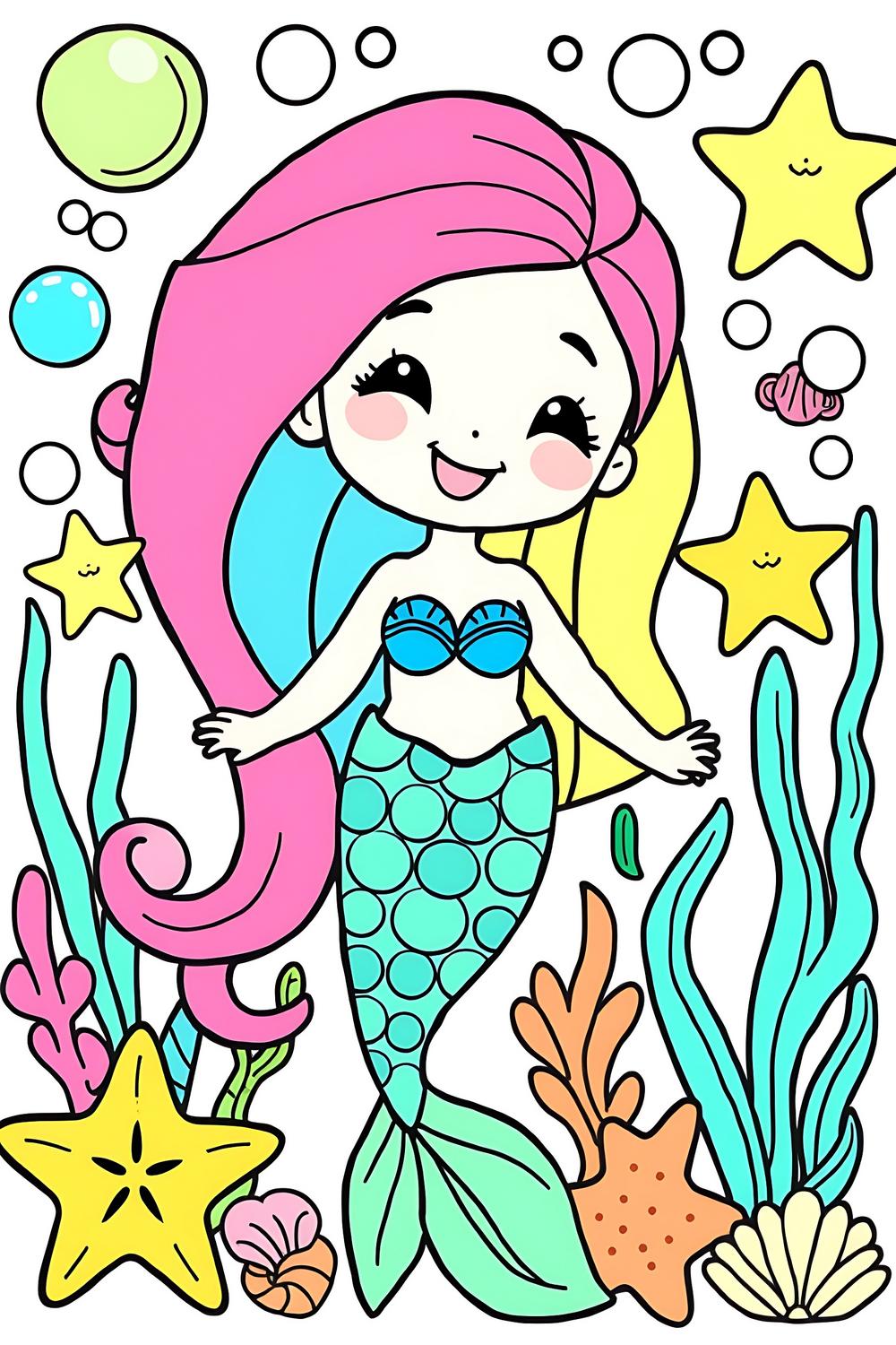 Colorful mermaid coloring book pages designed for kids art activity.