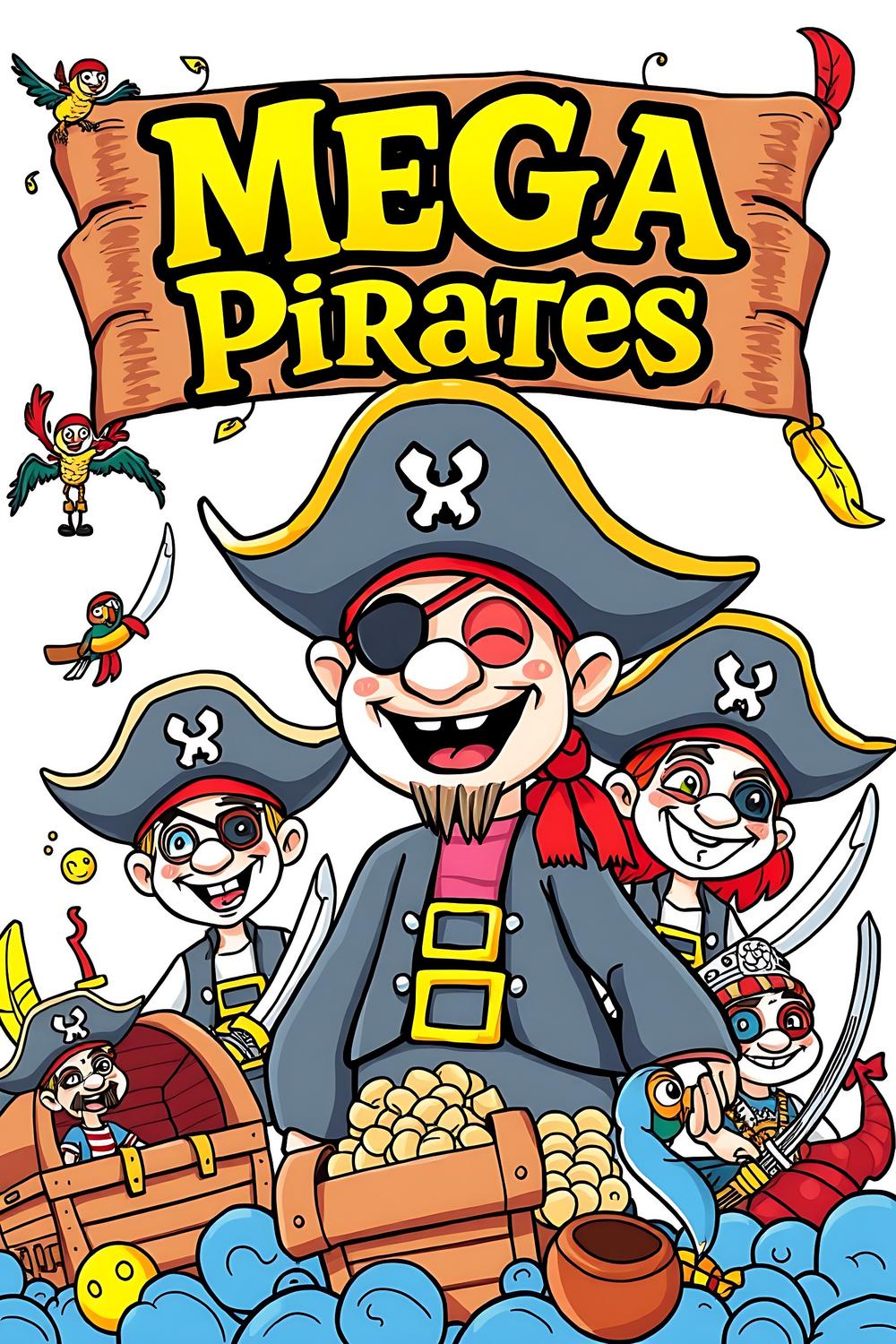 Colorful pirate adventures with vibrant characters and treasure chests for coloring.
