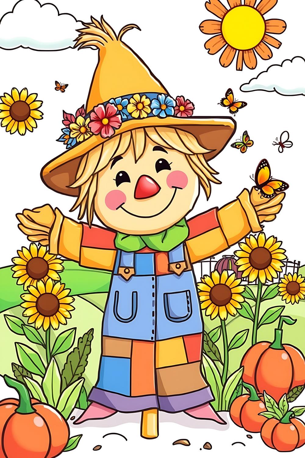 Colorful scarecrow coloring page for kids with cheerful design.