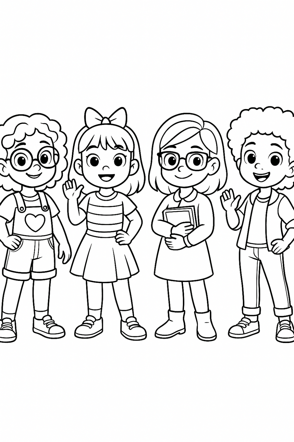Colorful cartoon style illustration of smart girls for coloring pages