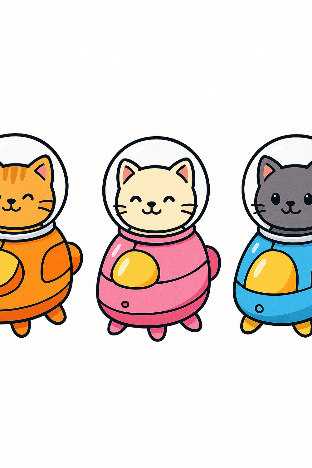 Three adorable space cats piloting colorful spaceship capsules for coloring fun
