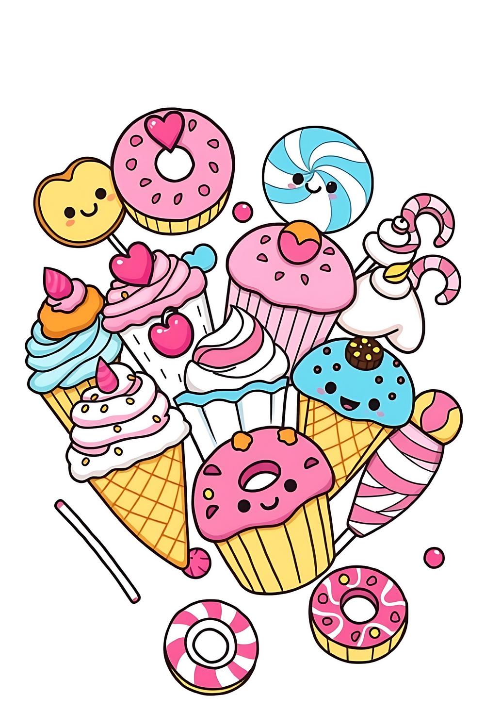 Colorful sweet treats coloring pages with cupcakes, donuts, and ice cream cones