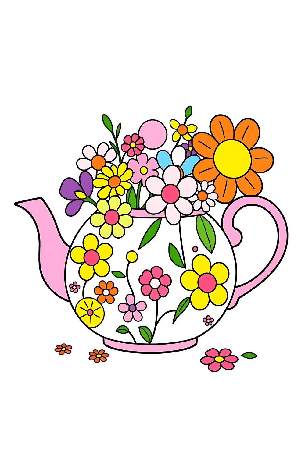 Colorful teapot with flowers coloring book page for kids.