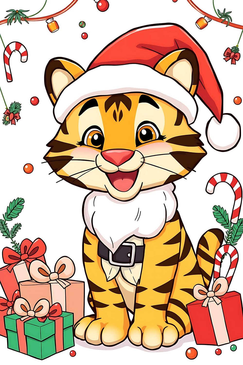 Colorful illustration of Tiger Santa's Helper for kids' holiday coloring fun.