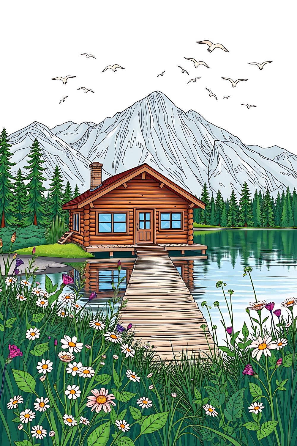 Charming log cabin by a serene lake surrounded by wildflowers and foliage