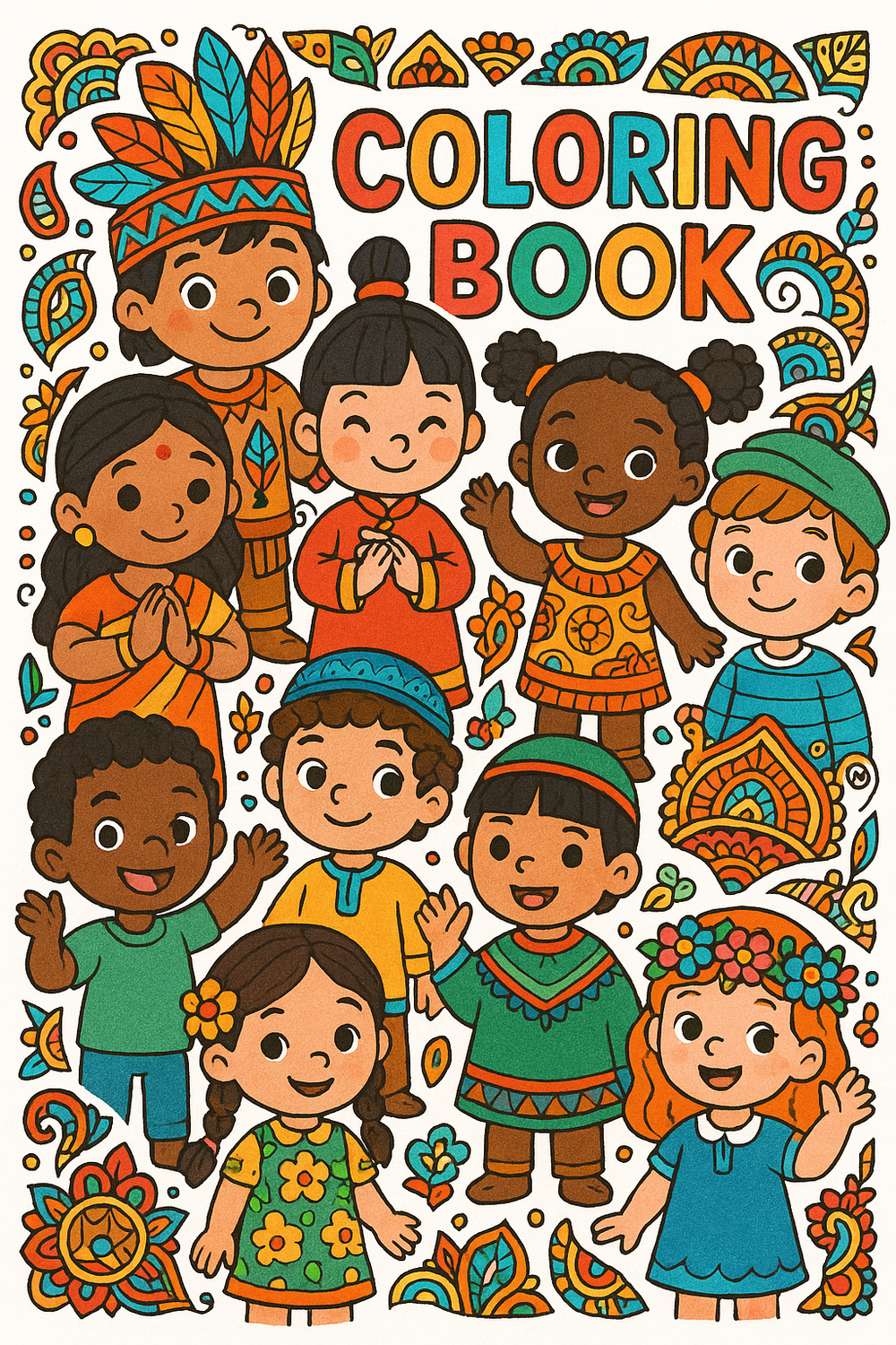 Colorful illustration of a coloring book cover featuring diverse characters