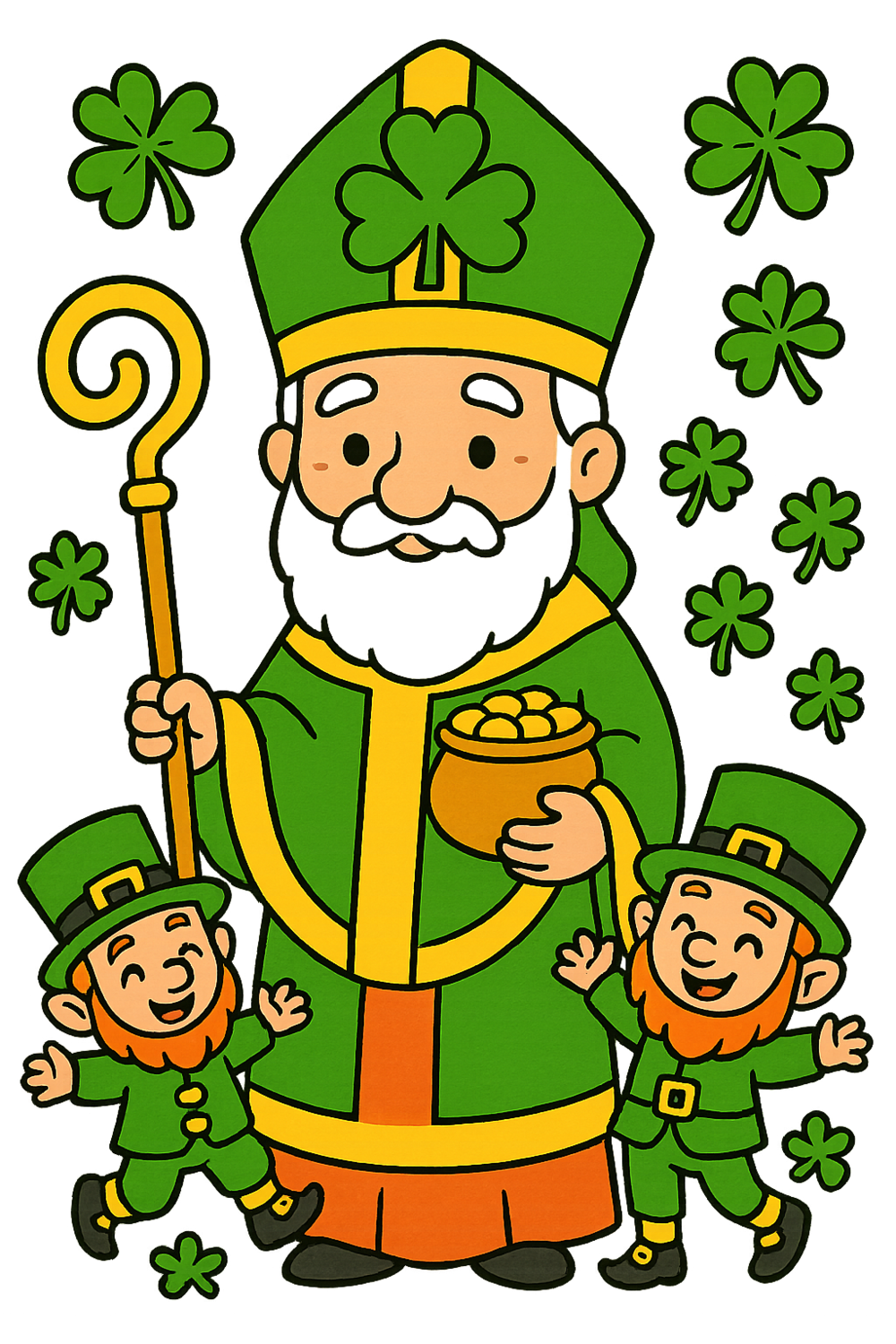 A cheerful cartoon illustration of Saint Patrick with a shamrock hat, perfect for kids' coloring book.