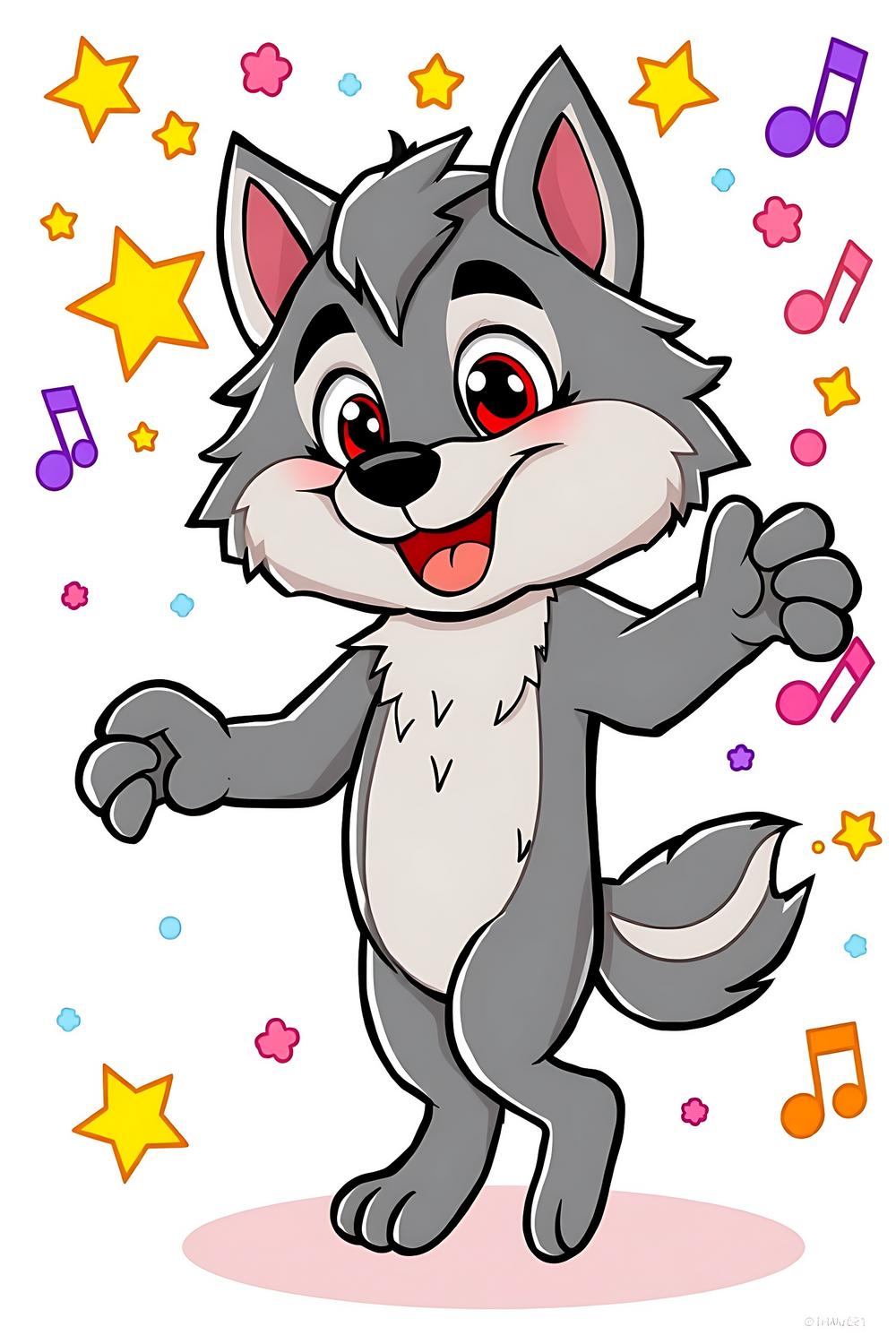 Cute cartoon-style dancing werewolf for kids coloring page