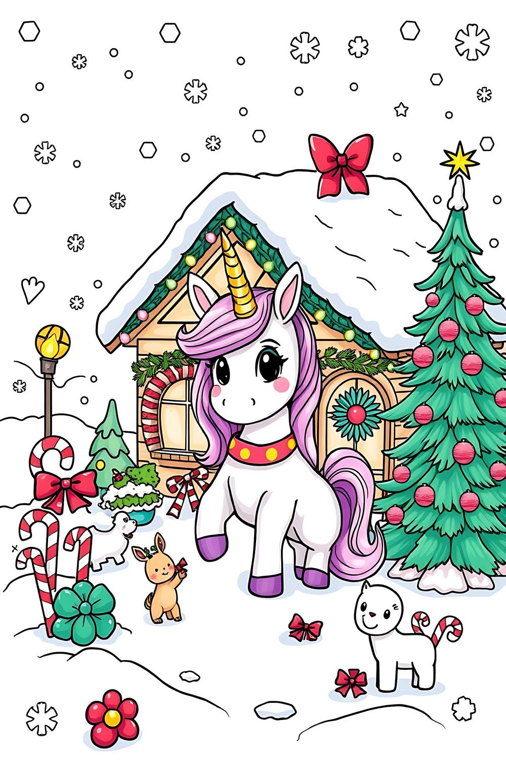 Cozy Christmas Home coloring page with a unicorn in a festive winter scene
