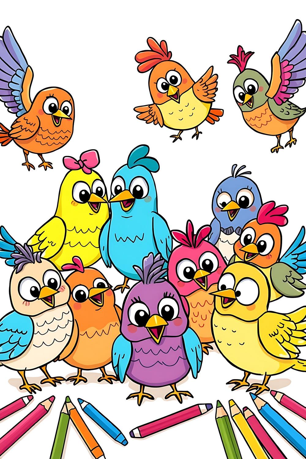 Colorful cartoon illustration of whimsical crazy birds for kids' coloring pages.