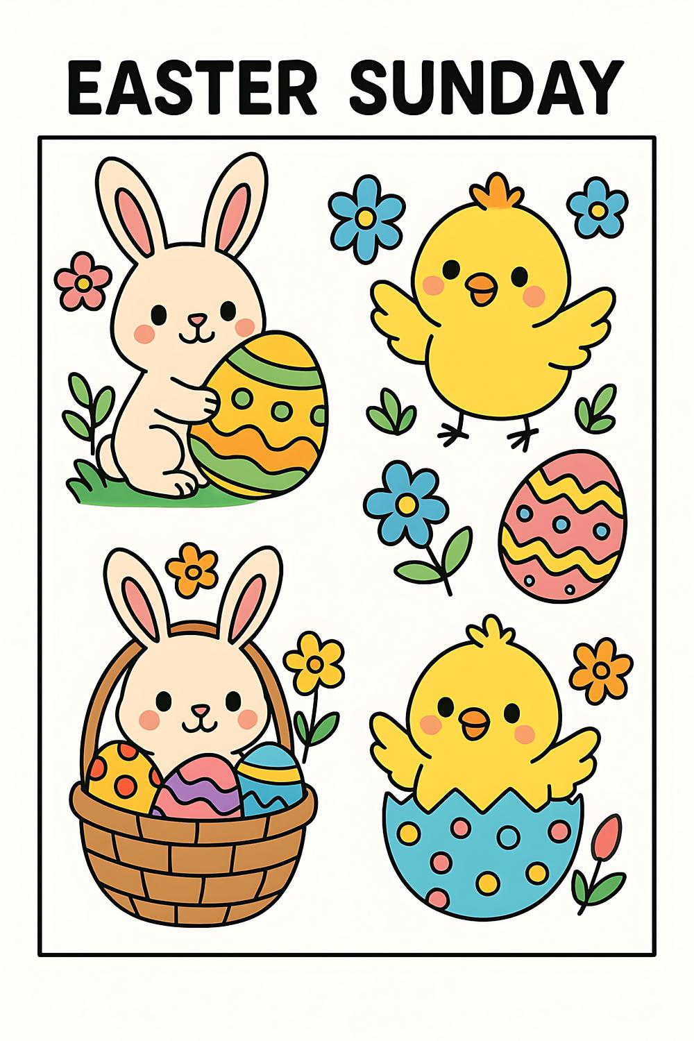 Colorful Easter Sunday coloring pages for kids with bunnies and chicks