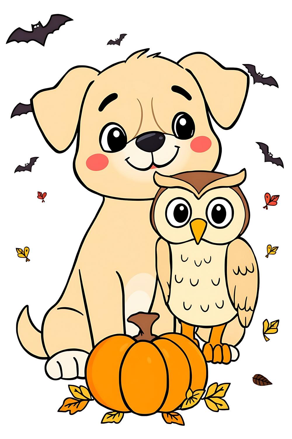 Halloween coloring page featuring a friendly dog and owl for kids