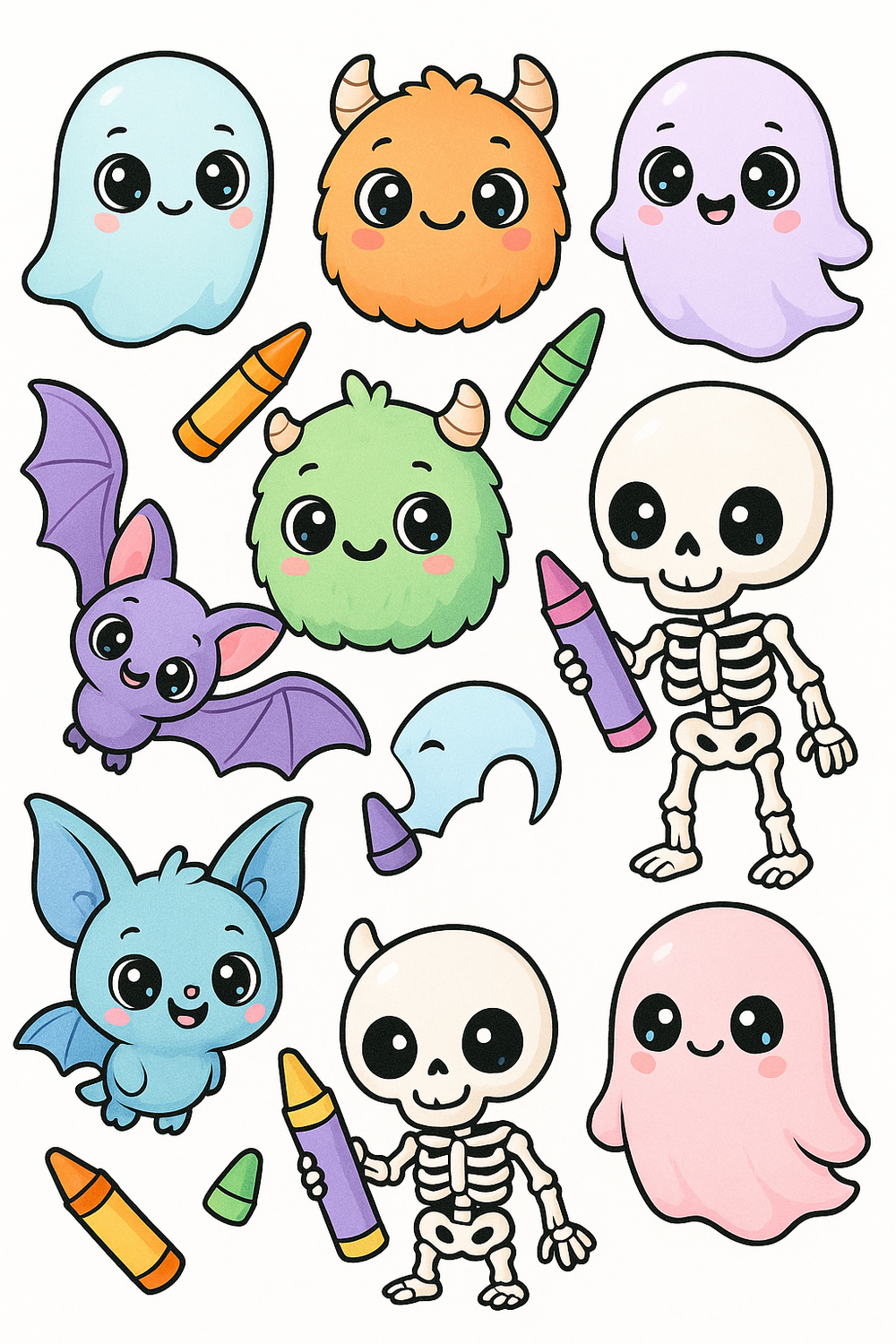 Creepy Cute Kawaii coloring pages with friendly monsters and playful bats.