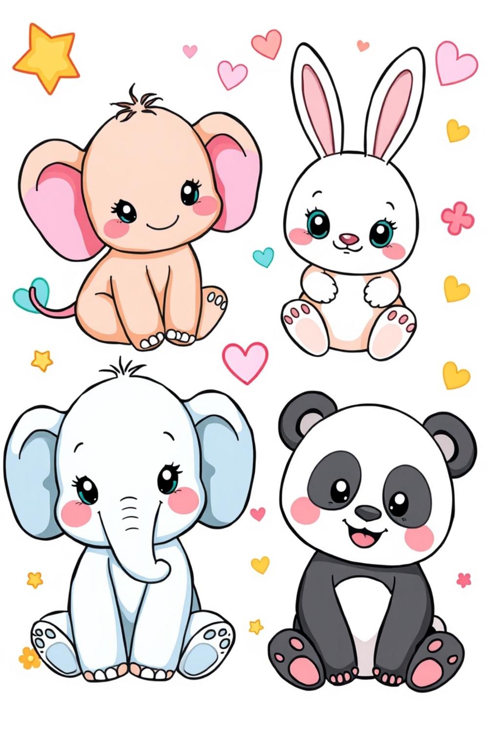 Cute baby animal coloring pages featuring an elephant, bunny, kitten, and panda, designed for kids.