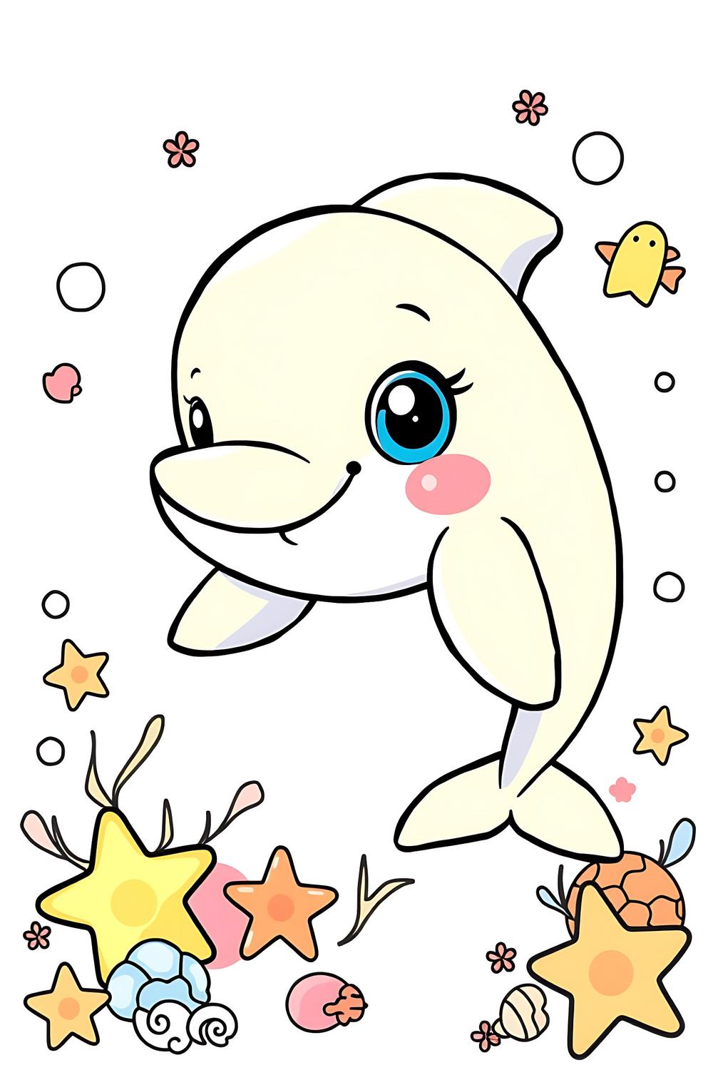 Cute cartoon dolphin coloring page for kids, featuring a happy dolphin and ocean elements.