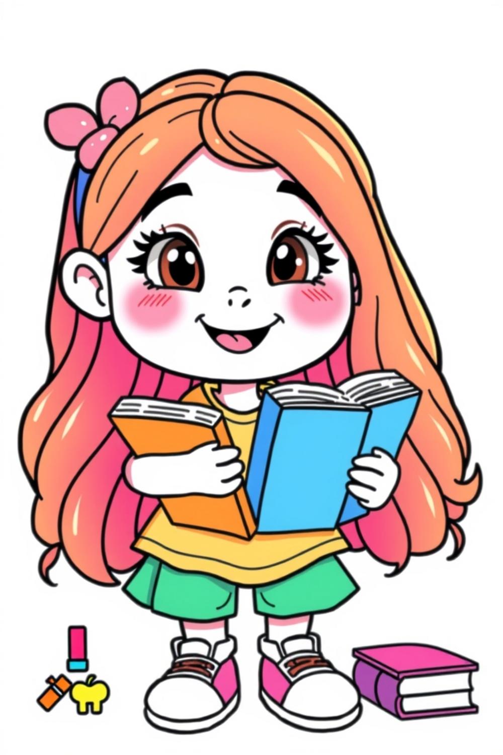 Cute cartoon girl coloring page in a learning pose with books.