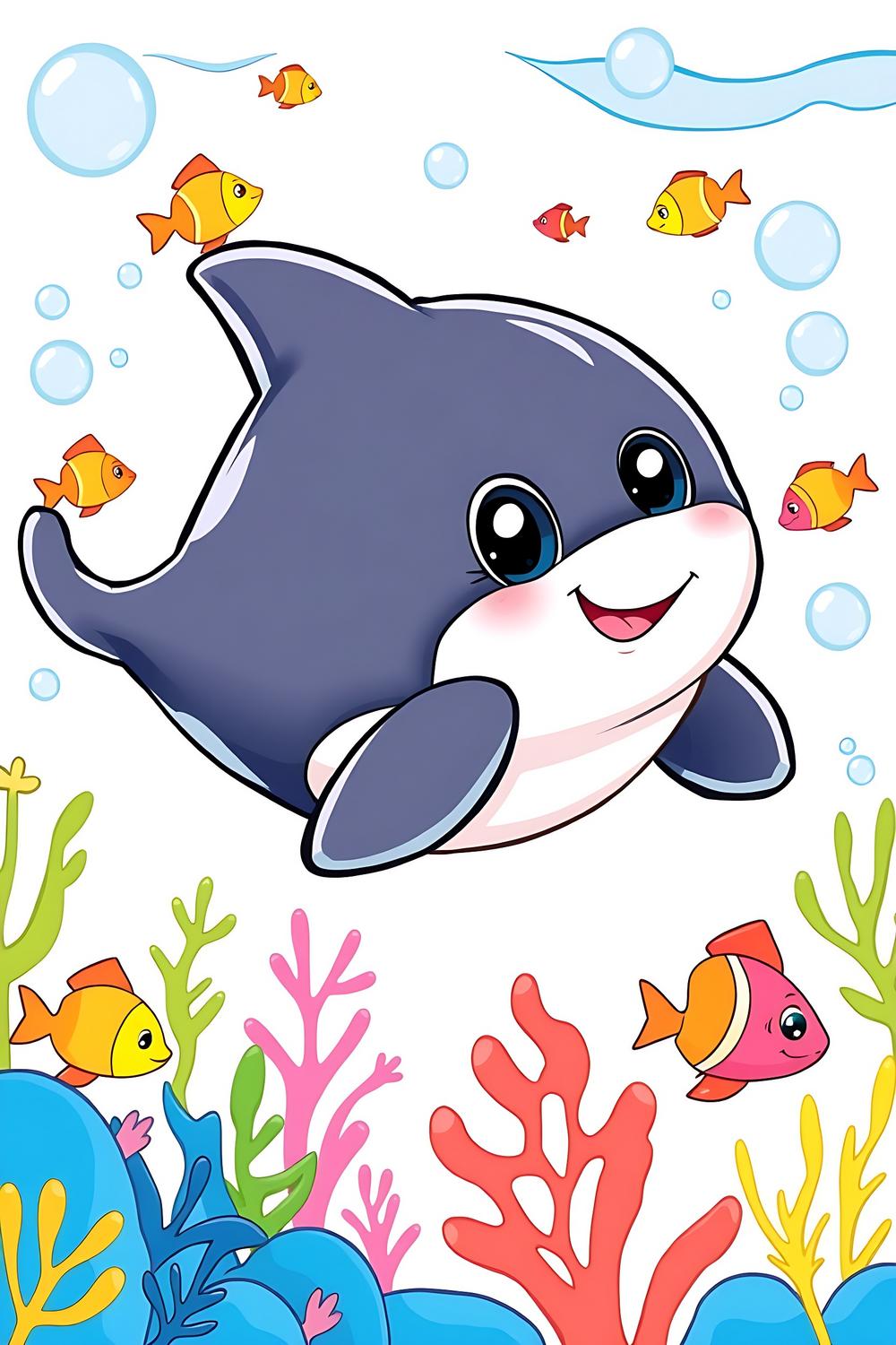A cute cartoon orca swimming happily among colorful fish, designed for kids to color.