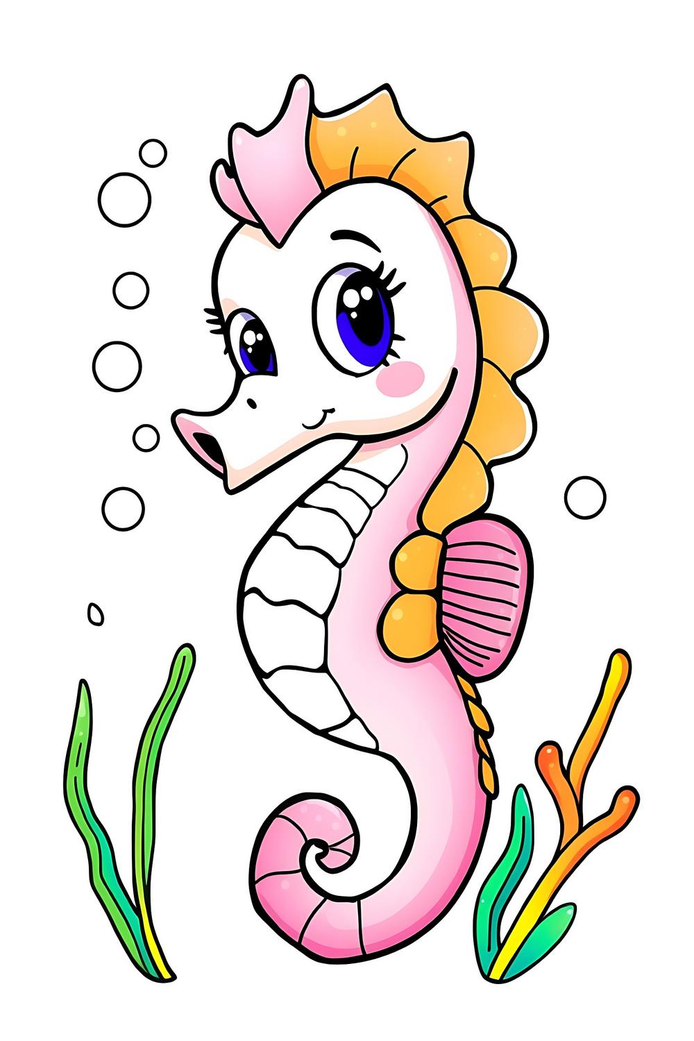Colorful cute cartoon seahorse coloring page for kids