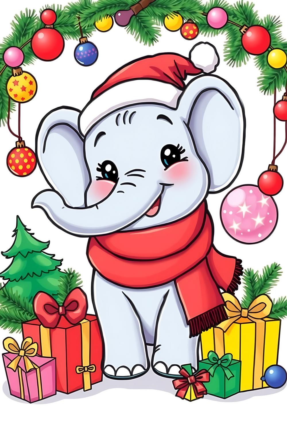 Cute Christmas elephant coloring page with festive scarf and Santa hat.