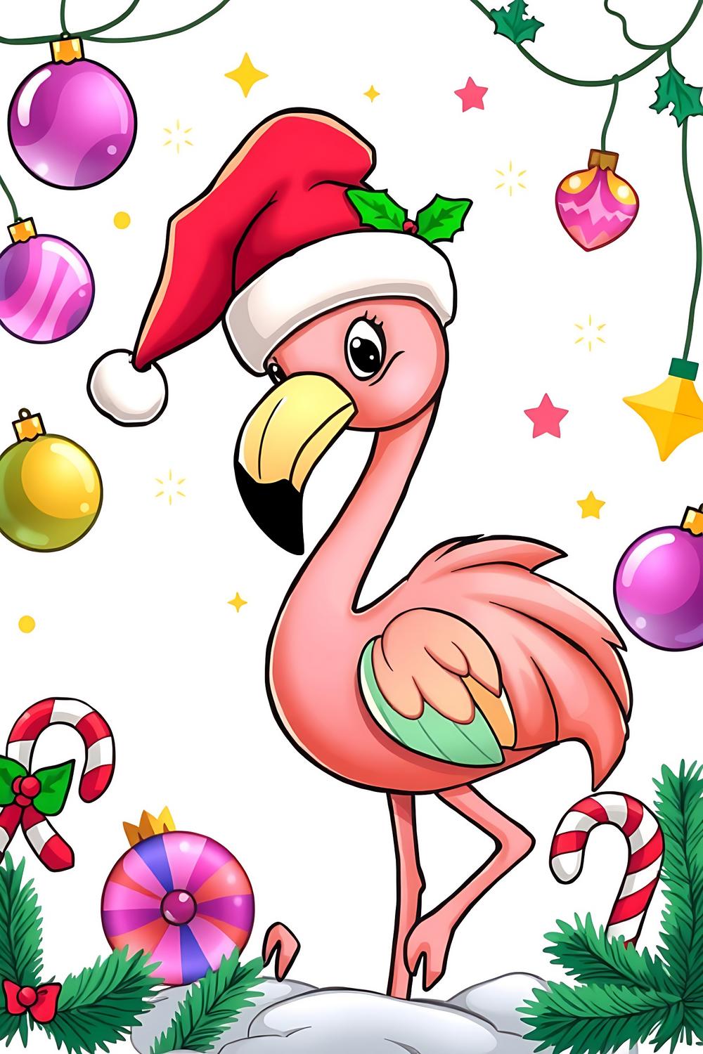 Cute Christmas flamingo coloring illustration for kids with holiday decorations.