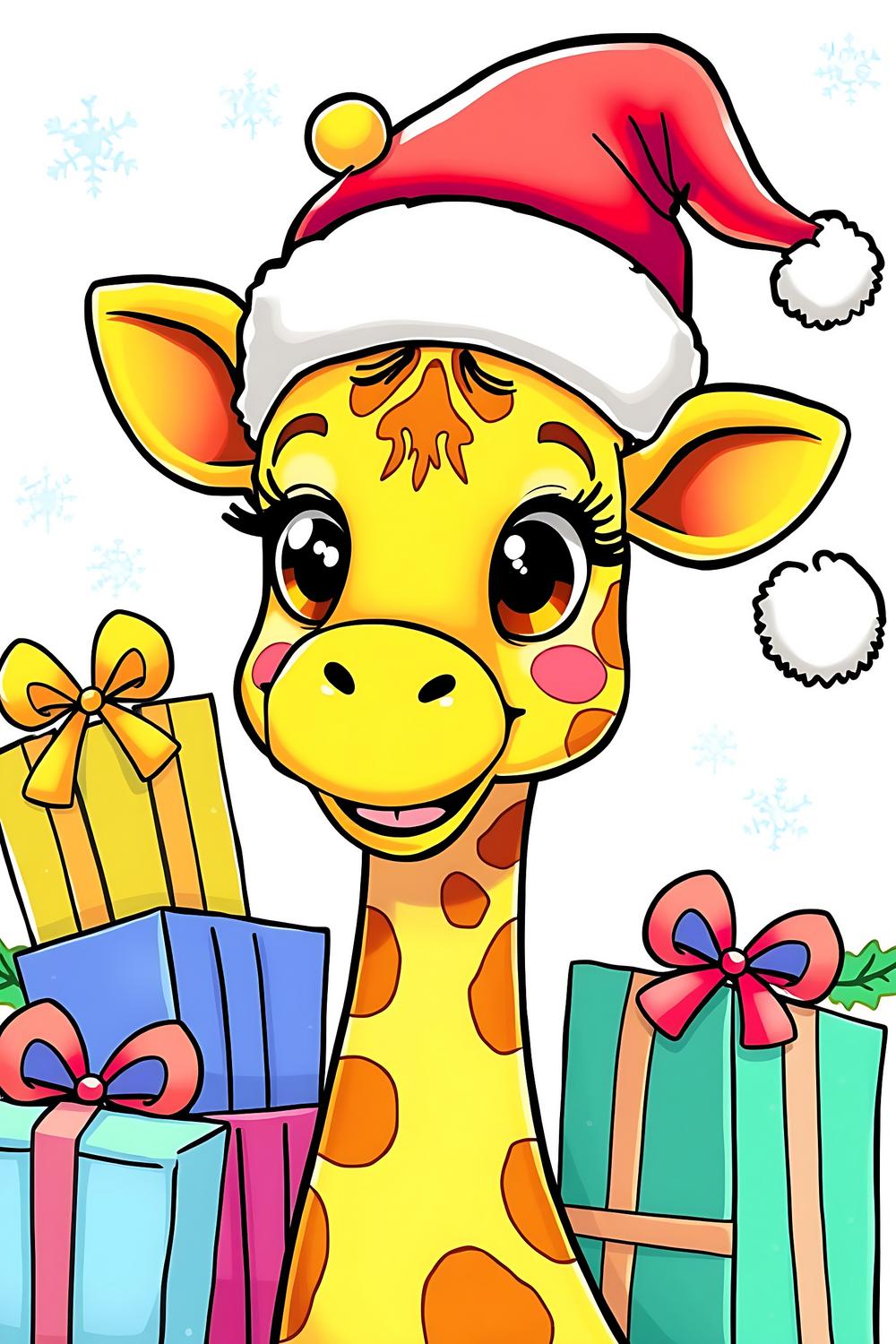 A cute giraffe in a festive Christmas hat surrounded by presents and snowflakes.
