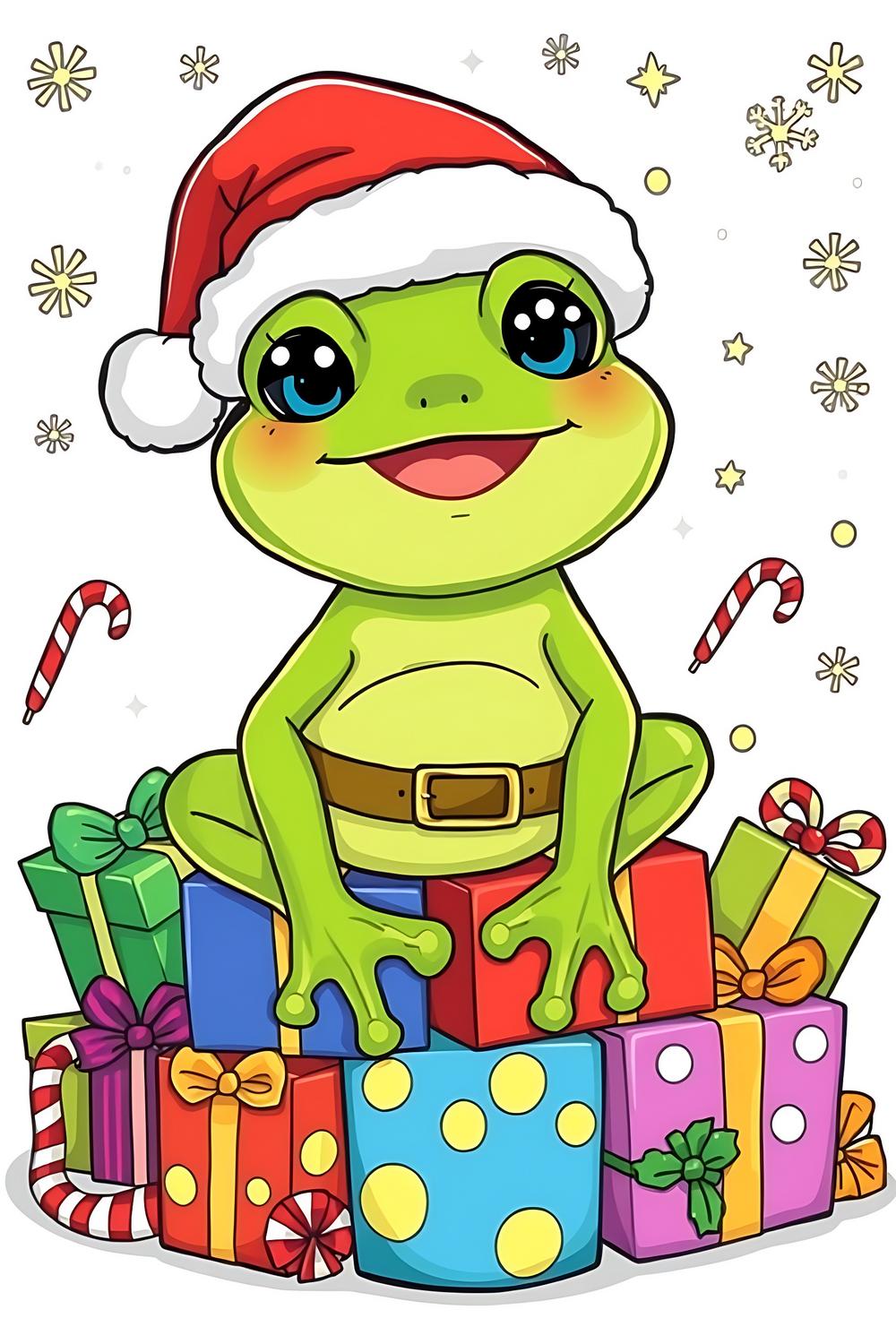Cute Christmas Santa Frog coloring page for kids with festive decorations.