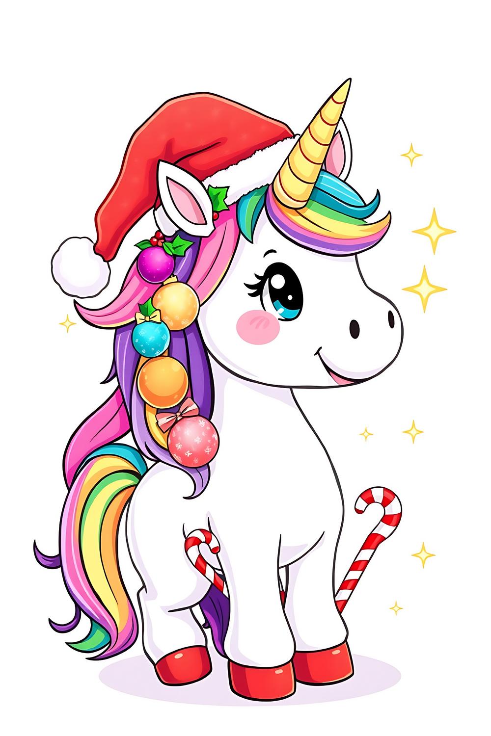 Cute Christmas unicorn coloring page designed for kids, featuring vibrant colors and festive decorations.