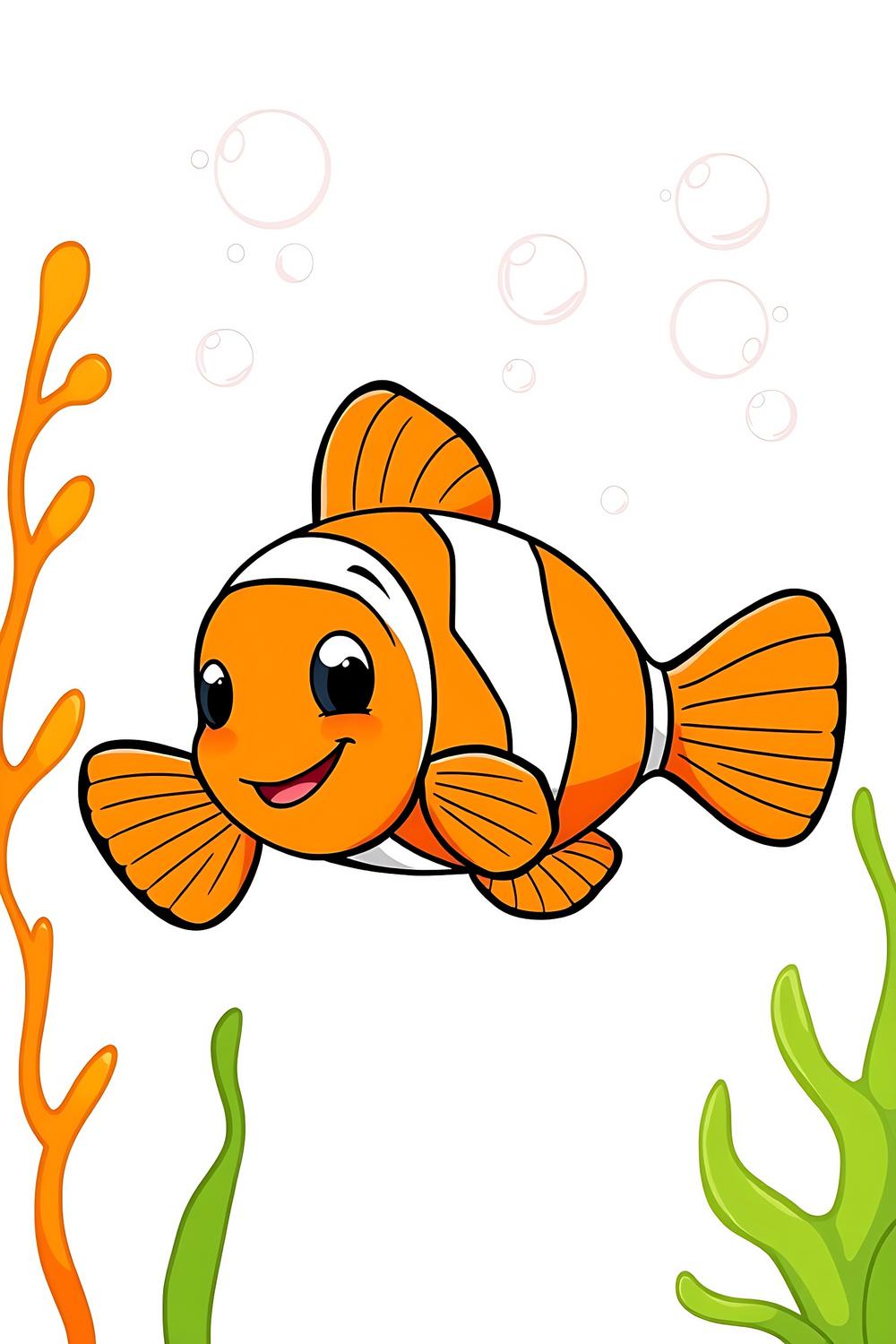 Cute clown fish coloring page featuring vibrant orange and white clown fish swimming happily.