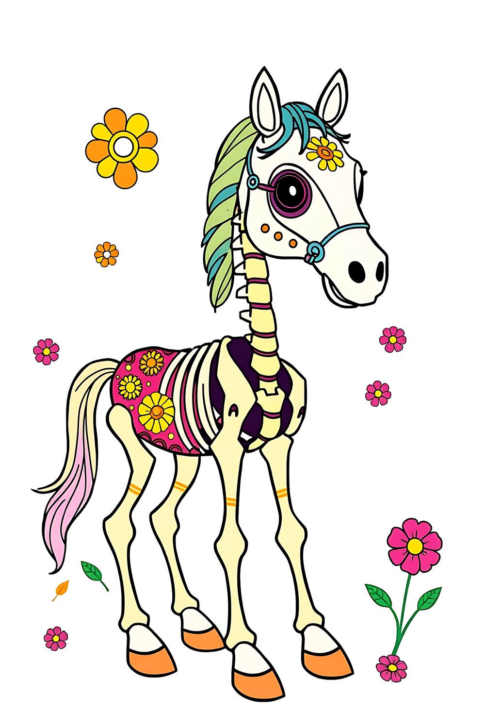 Colorful coloring page of a Mexican horse skeleton for kids