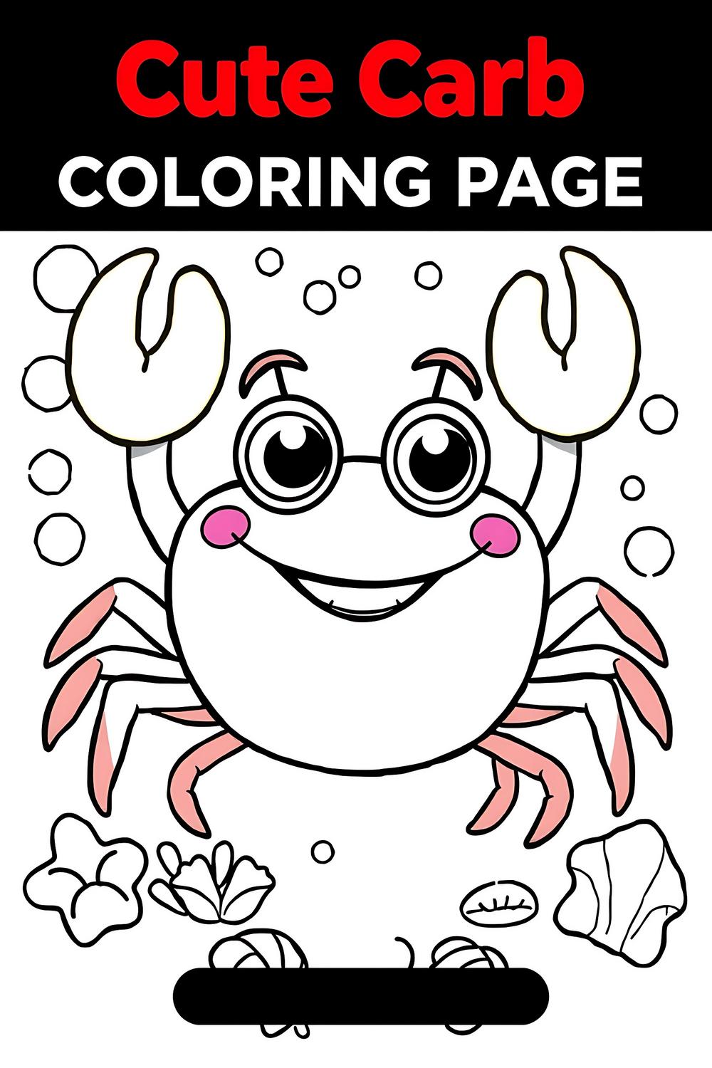 Vibrant Cute Crab Coloring Page for kids featuring a cheerful crab surrounded by bubbles and seashells.