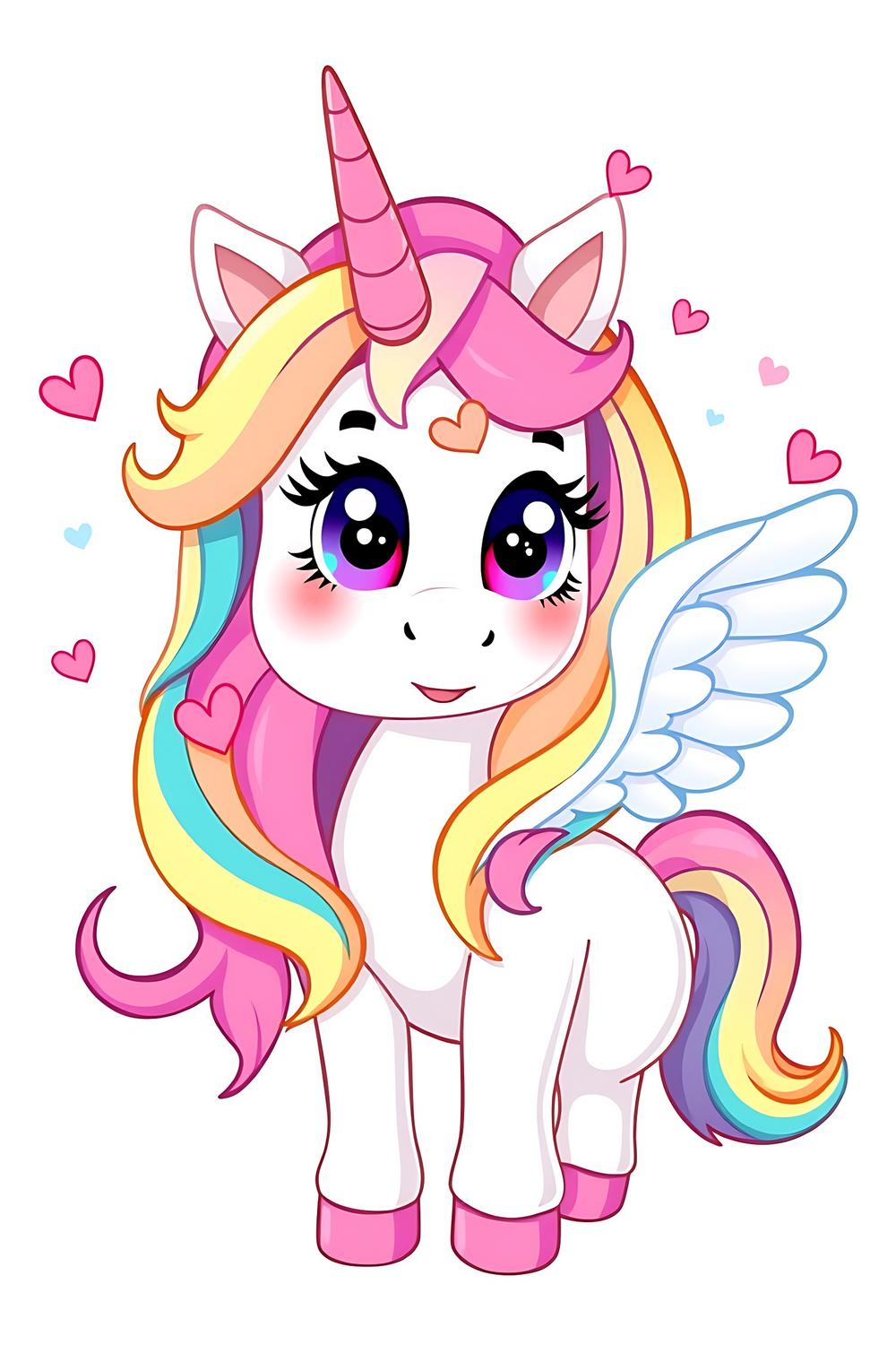 Cute cupid unicorn coloring page for kids with hearts and angel wings