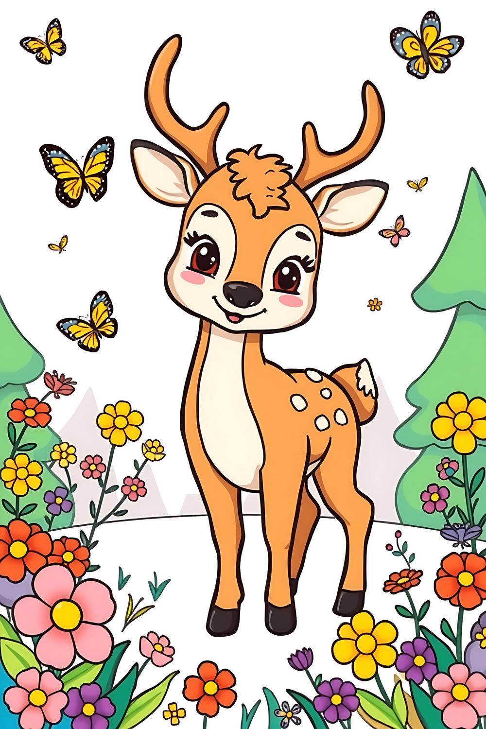Cute cartoon-style deer coloring page with vibrant forest scene.
