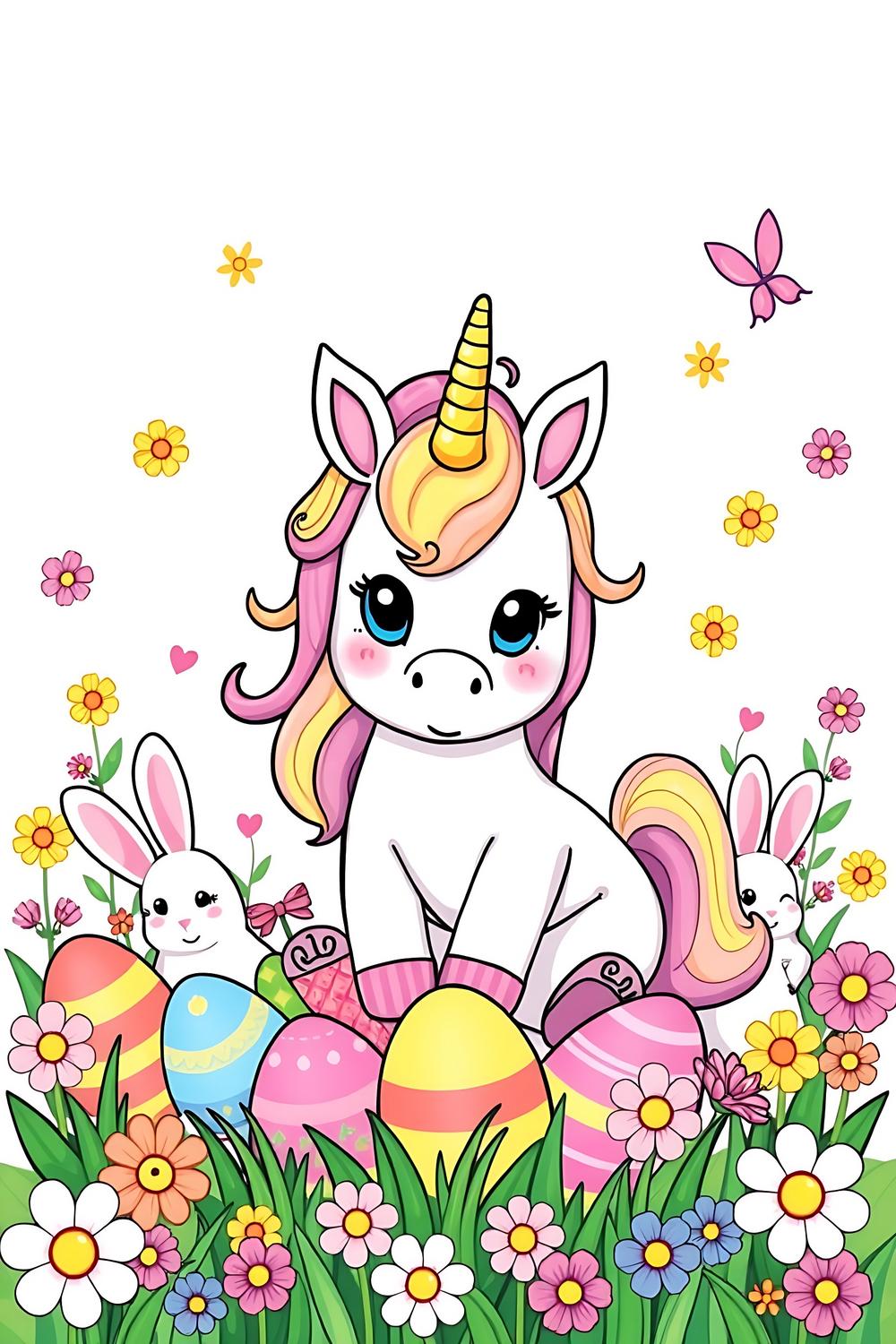 Cute Easter unicorn coloring pages for kids, featuring vibrant and charming designs.